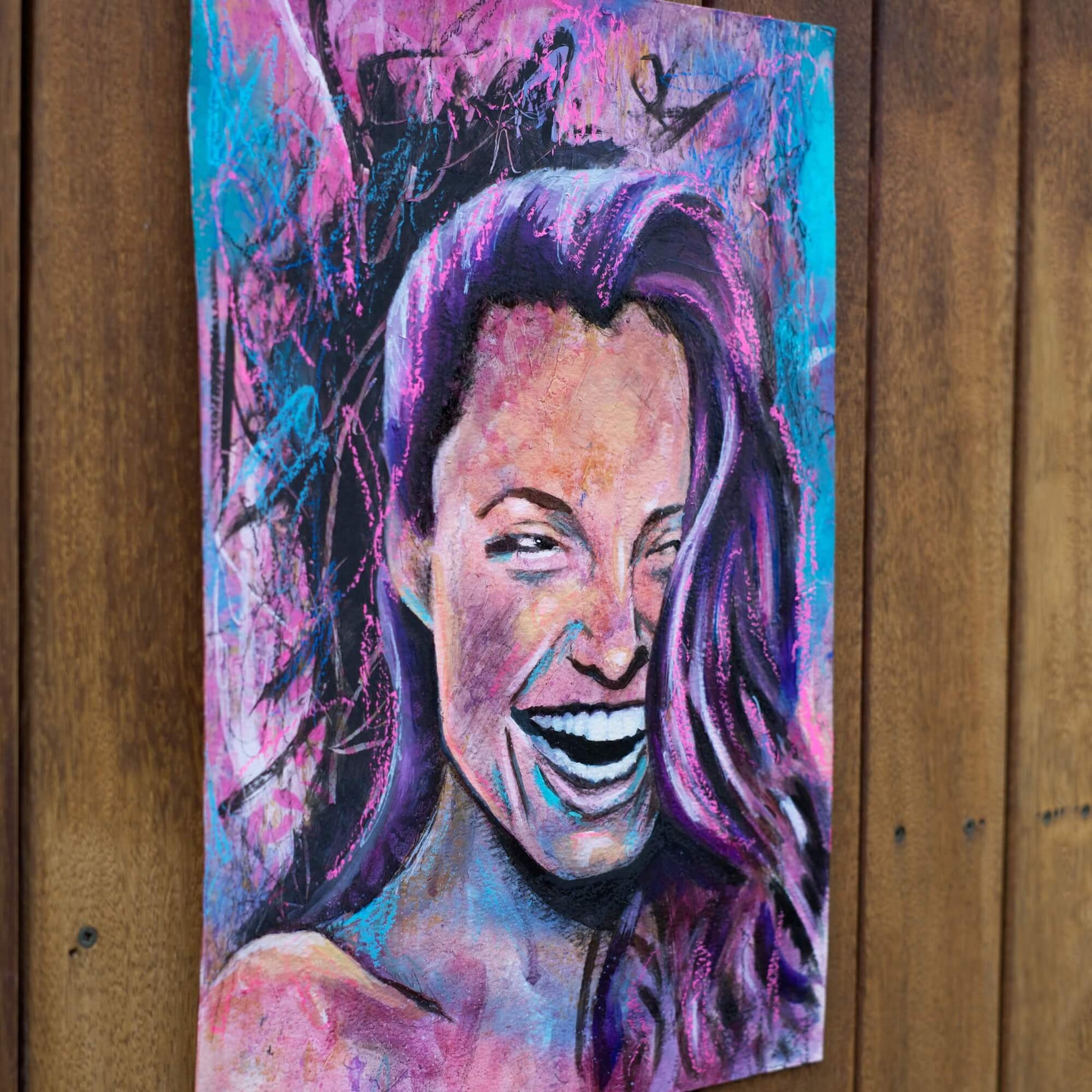 art wall painting, colourful painting of a woman Angelina Jolie Fan art, woman laughing painting pink purple blue