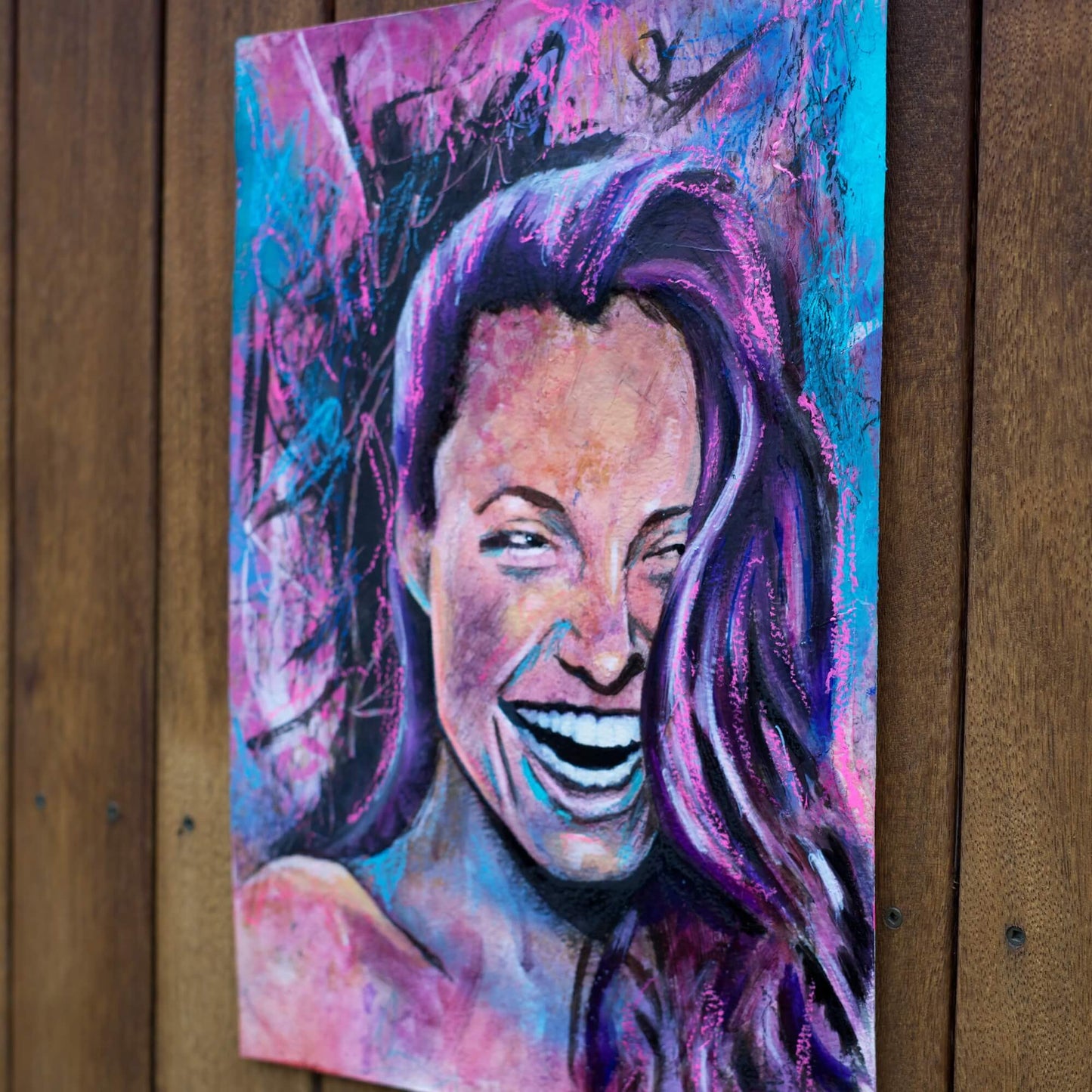 art wall painting, colourful painting of a woman Angelina Jolie Fan art, woman laughing painting pink purple blue