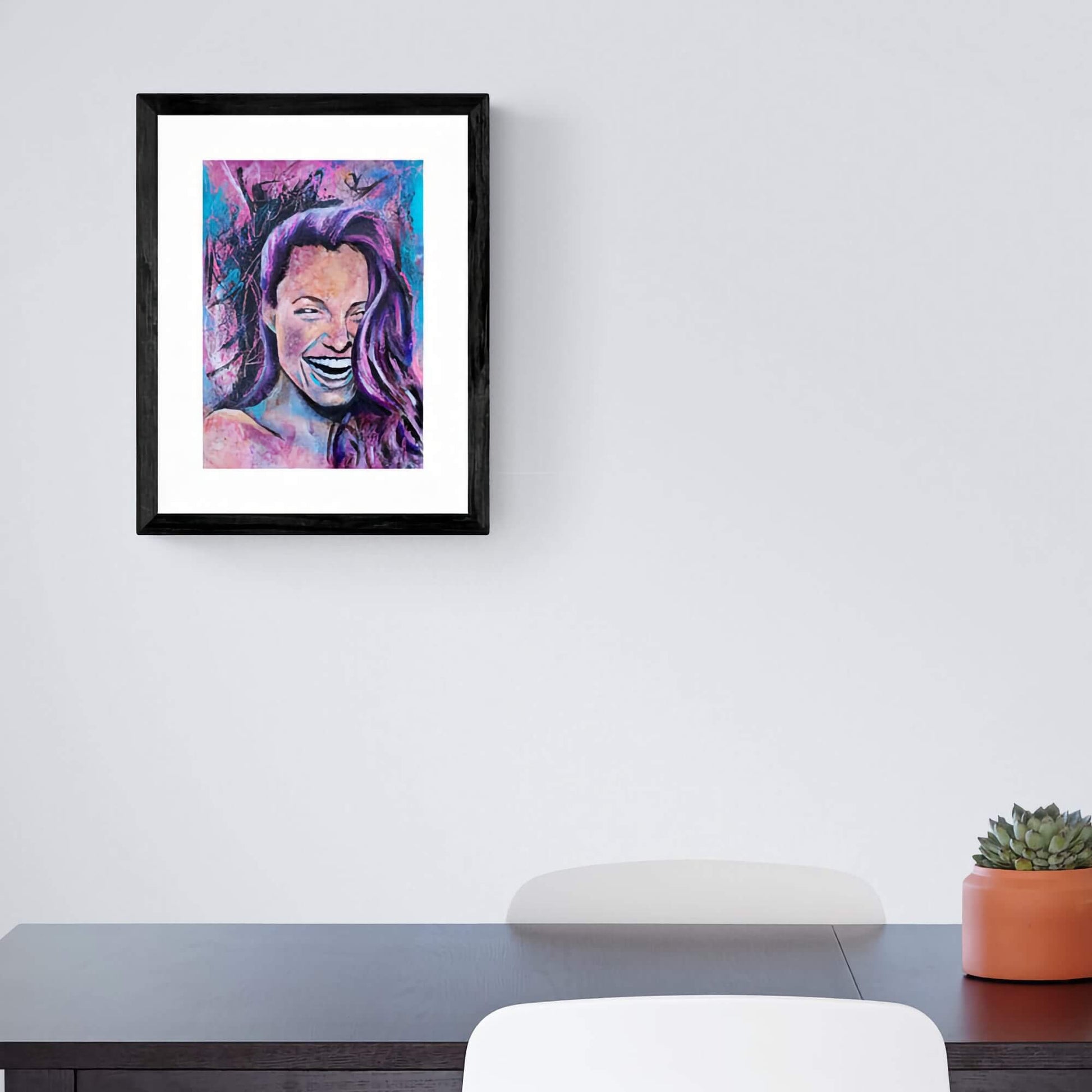 art wall painting, colourful painting of a woman Angelina Jolie Fan art, woman laughing painting pink purple blue