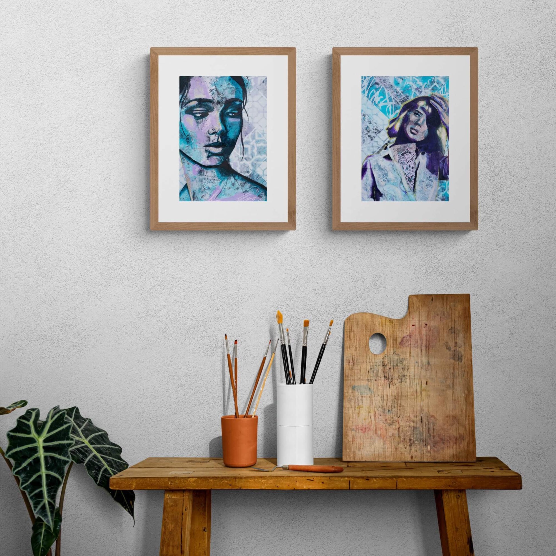 paintings for sale, mixed media art, painting of a woman in the sun wearing a white shirt with blond hair