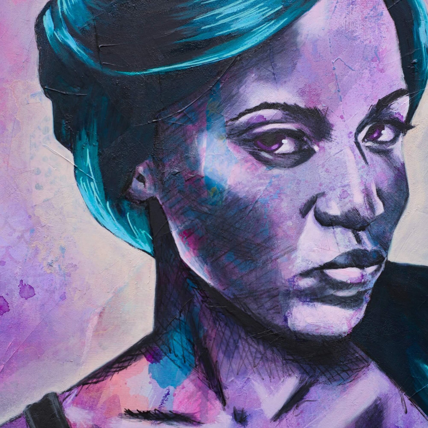 Purple and blue painting of a black woman, BLM Rich Bitch, paintings by criss chaney street art style