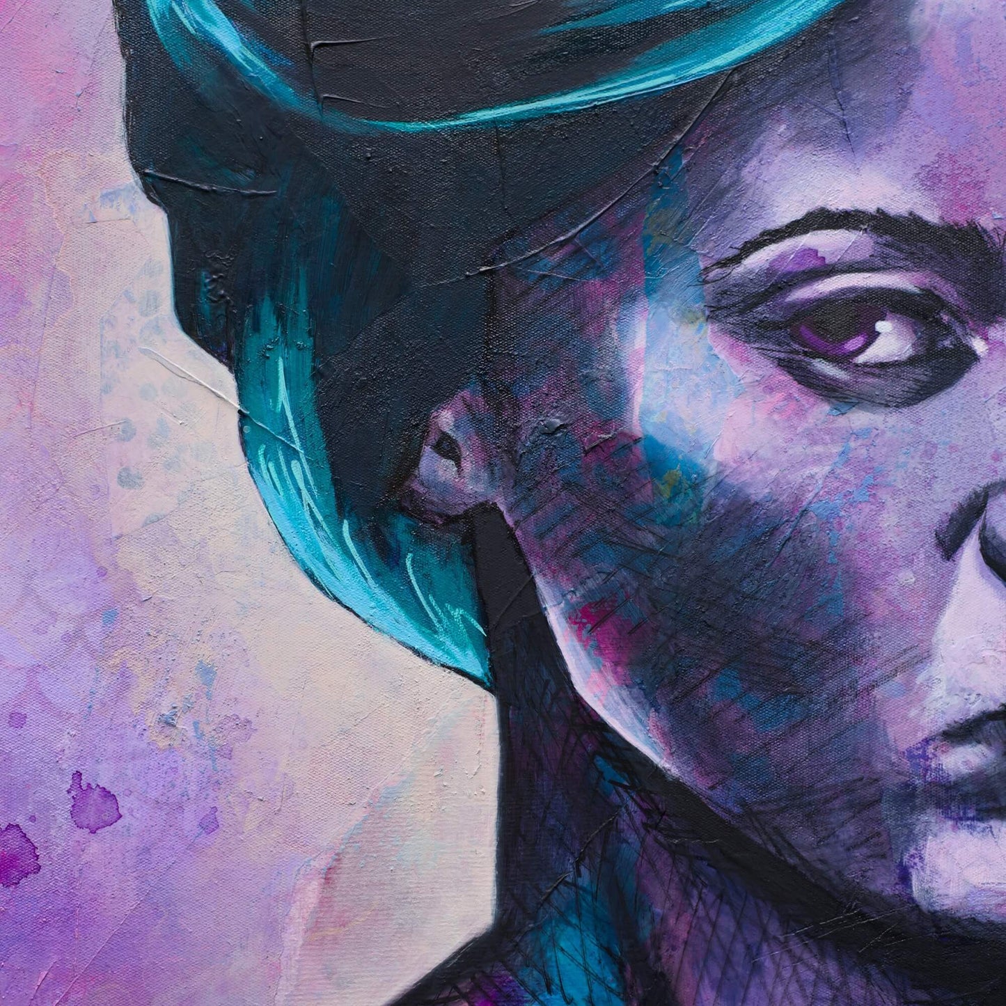 Purple and blue painting of a black woman, BLM Rich Bitch, paintings by criss chaney street art style