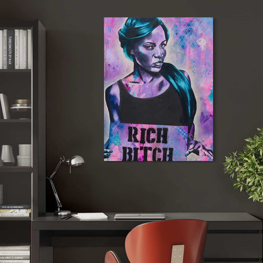 Purple and blue painting of a black woman, BLM Rich Bitch, paintings by criss chaney street art style