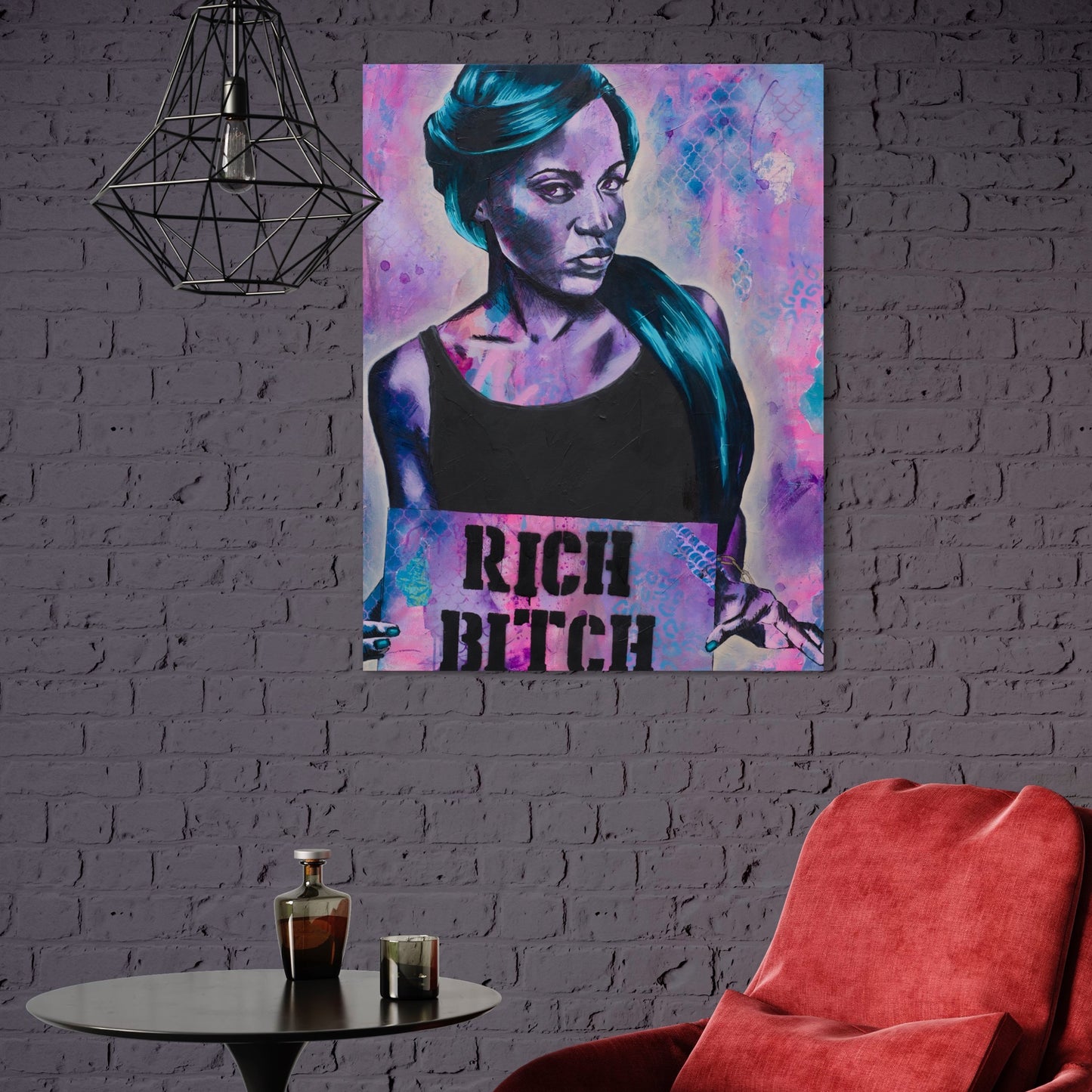 Purple and blue painting of a black woman, BLM Rich Bitch, paintings by criss chaney street art style