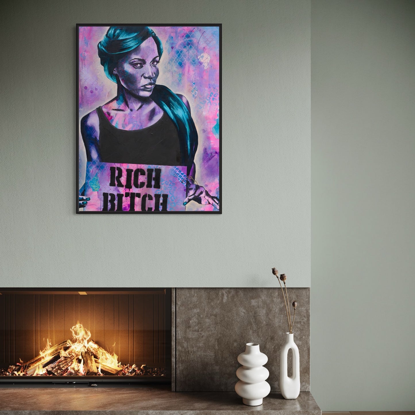 Purple and blue painting of a black woman, BLM Rich Bitch, paintings by criss chaney street art style