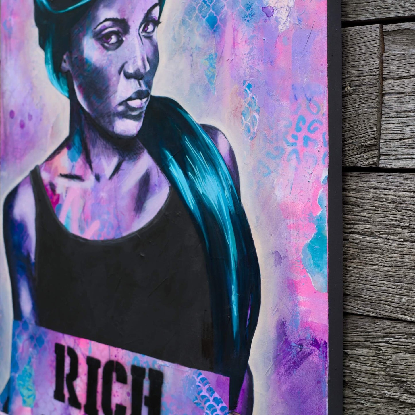 Purple and blue painting of a black woman, BLM Rich Bitch, paintings by criss chaney street art style