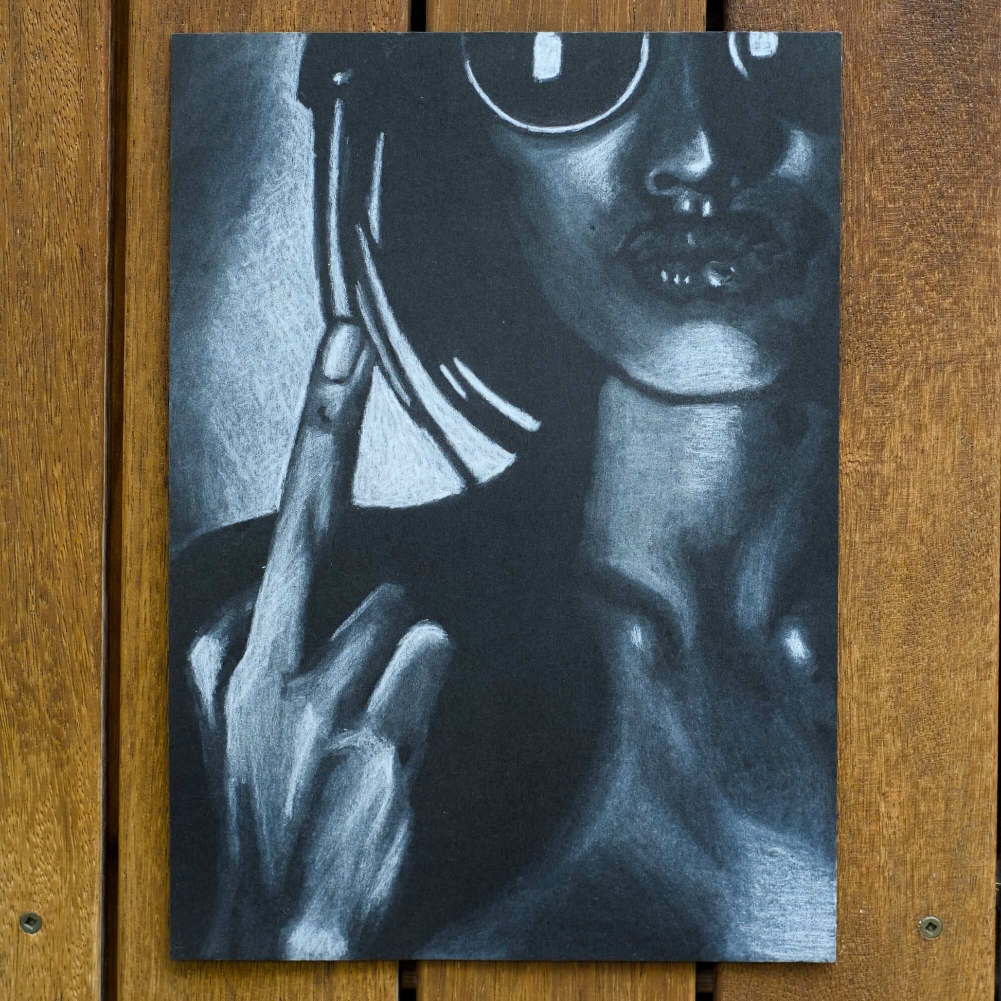 black and white drawing of a woman flipping the bird Criss Chaney, Urban Pop Art,  Contemporary Mixed Media Graffiti Style Fusion, Neo-Feminist Street Art