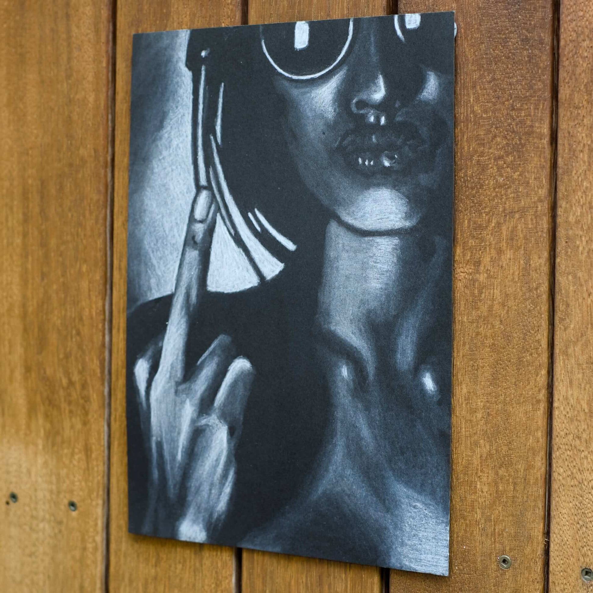 Criss Chaney, black and white drawing of a woman flipping the bird, Urban Pop Art,  Contemporary Mixed Media Graffiti Style Fusion, Neo-Feminist Street Art