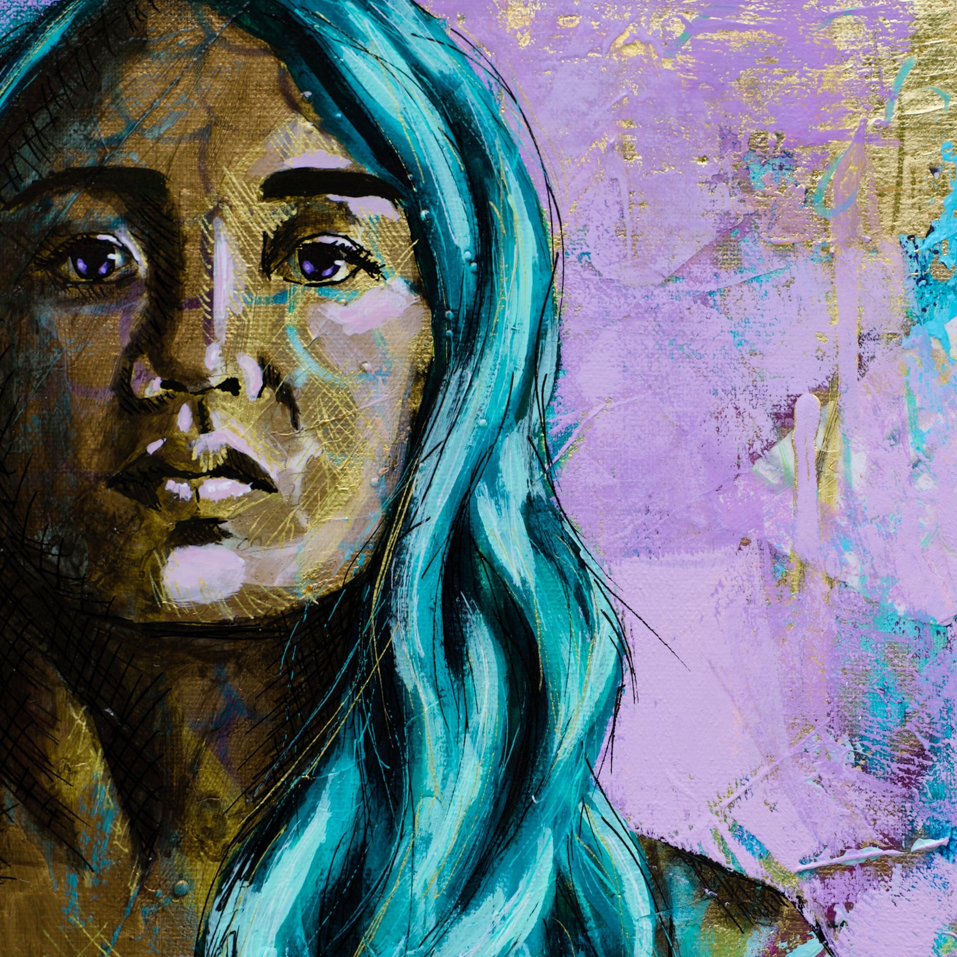 Criss Chaney, teal, gold purple, Urban Pop Art,  Contemporary Mixed Media Graffiti Style Fusion, Neo-Feminist Street Art