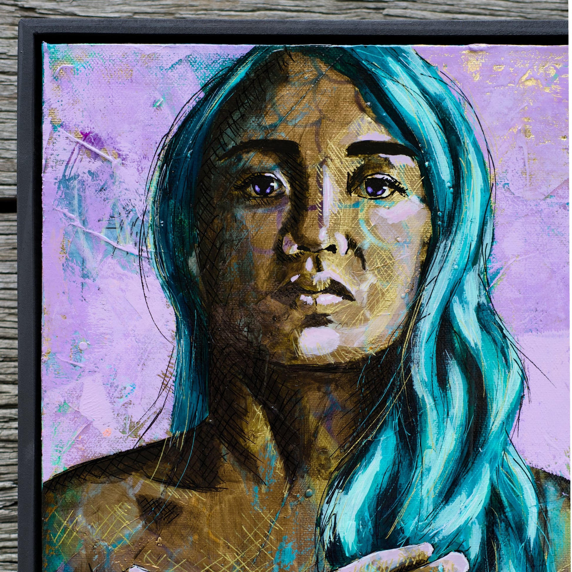 Criss Chaney, teal, gold purple, Urban Pop Art,  Contemporary Mixed Media Graffiti Style Fusion, Neo-Feminist Street Art