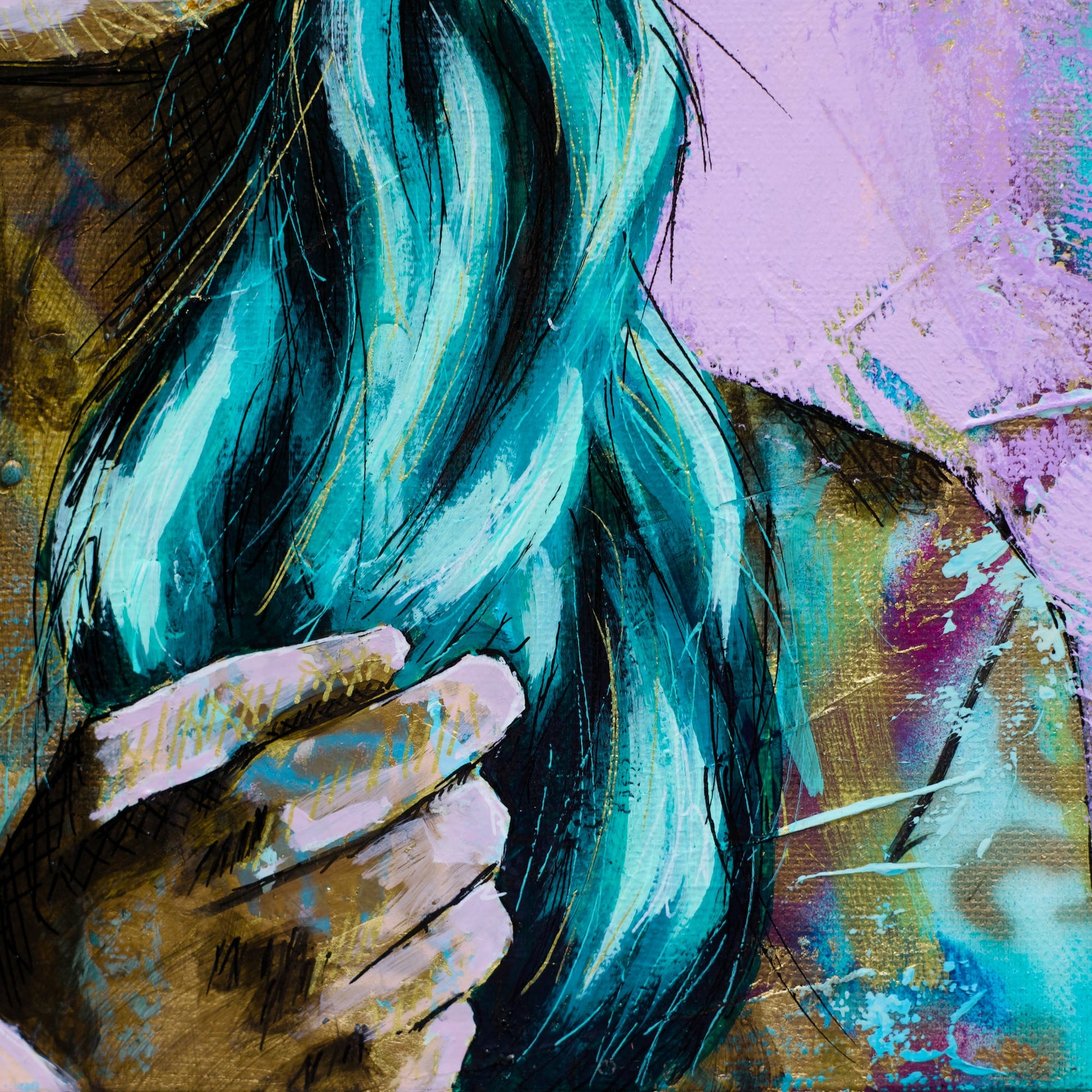 Criss Chaney, teal, gold purple, Urban Pop Art,  Contemporary Mixed Media Graffiti Style Fusion, Neo-Feminist Street Art