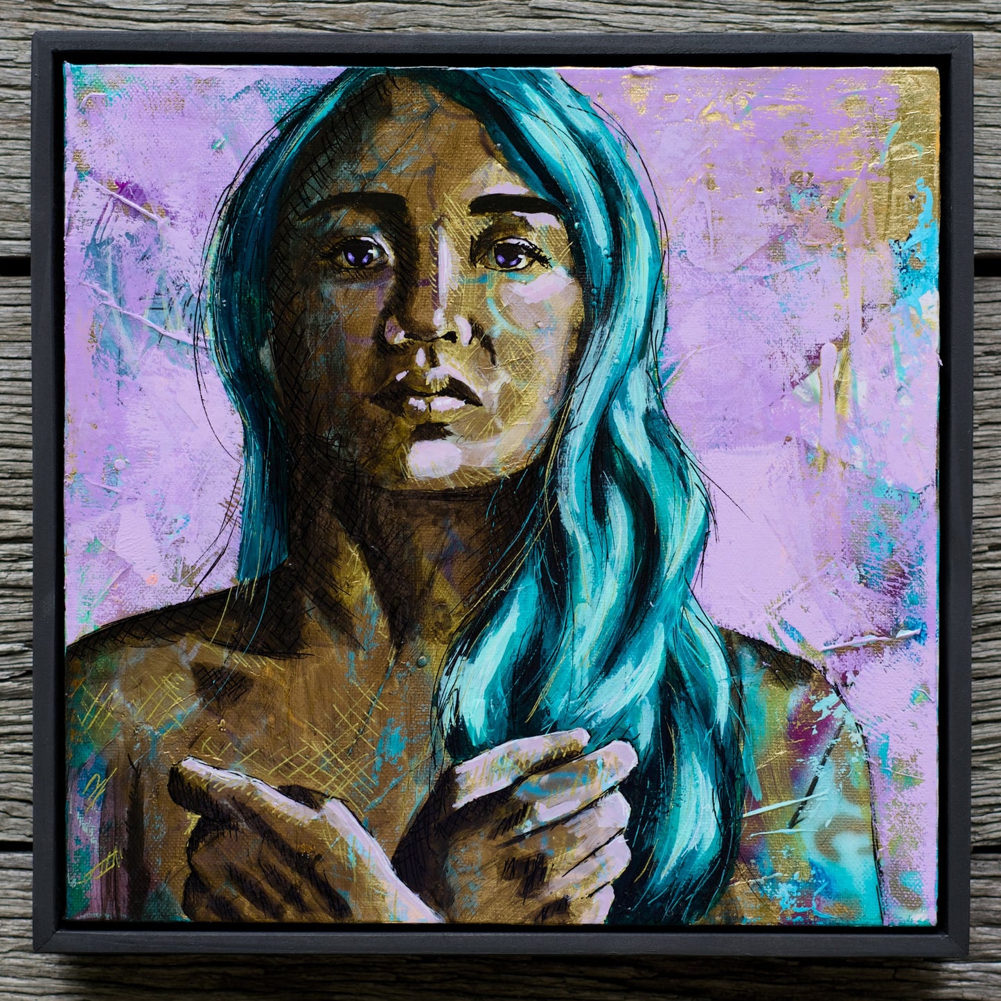 Criss Chaney, teal, gold purple, Urban Pop Art,  Contemporary Mixed Media Graffiti Style Fusion, Neo-Feminist Street Art