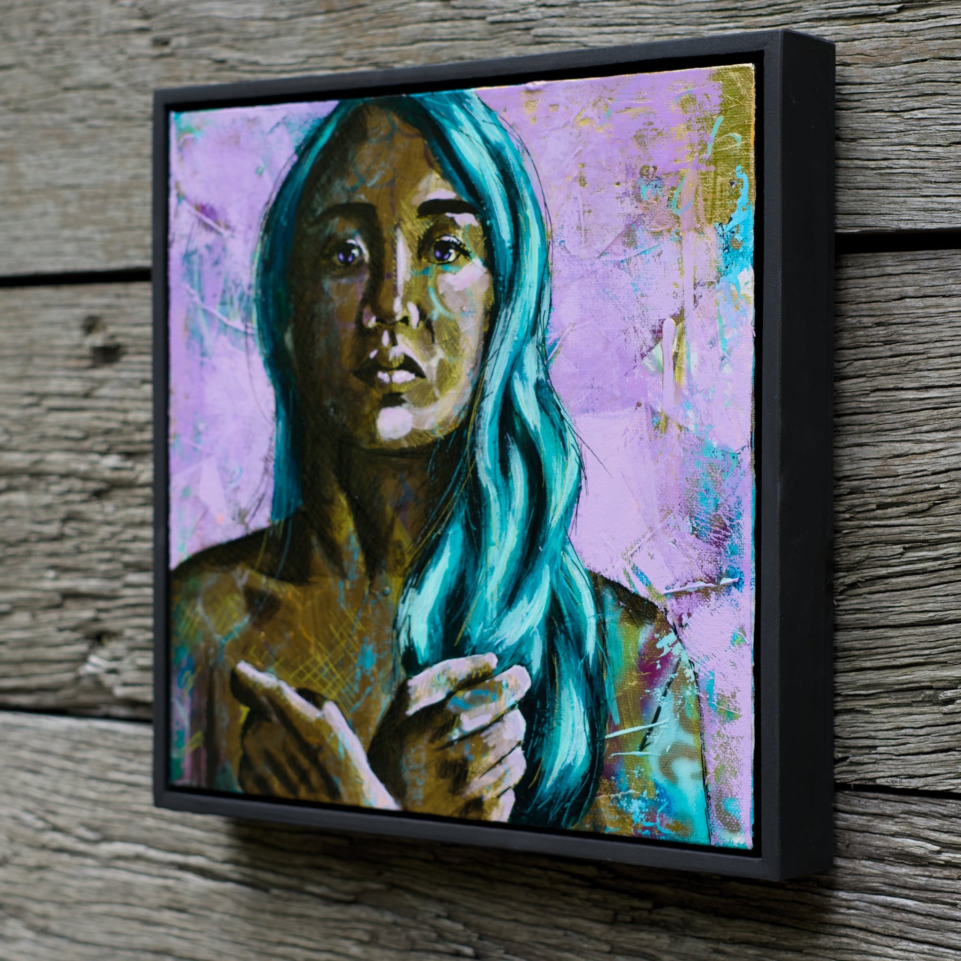Criss Chaney, teal, gold purple, Urban Pop Art,  Contemporary Mixed Media Graffiti Style Fusion, Neo-Feminist Street Art