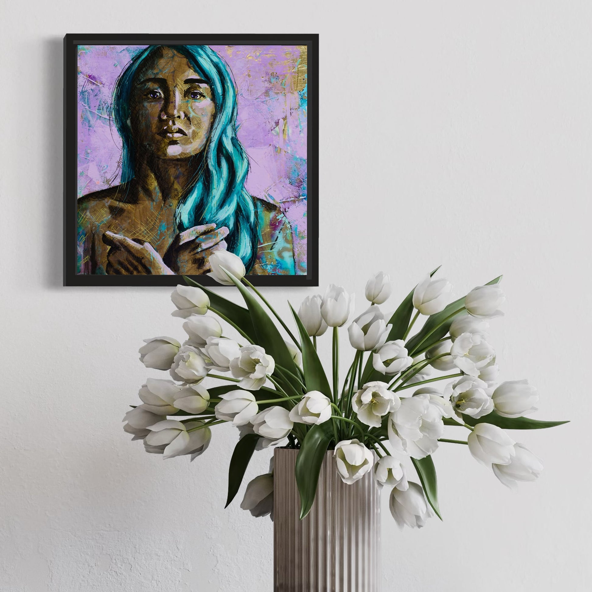 Criss Chaney, teal, gold purple, Urban Pop Art,  Contemporary Mixed Media Graffiti Style Fusion, Neo-Feminist Street Art