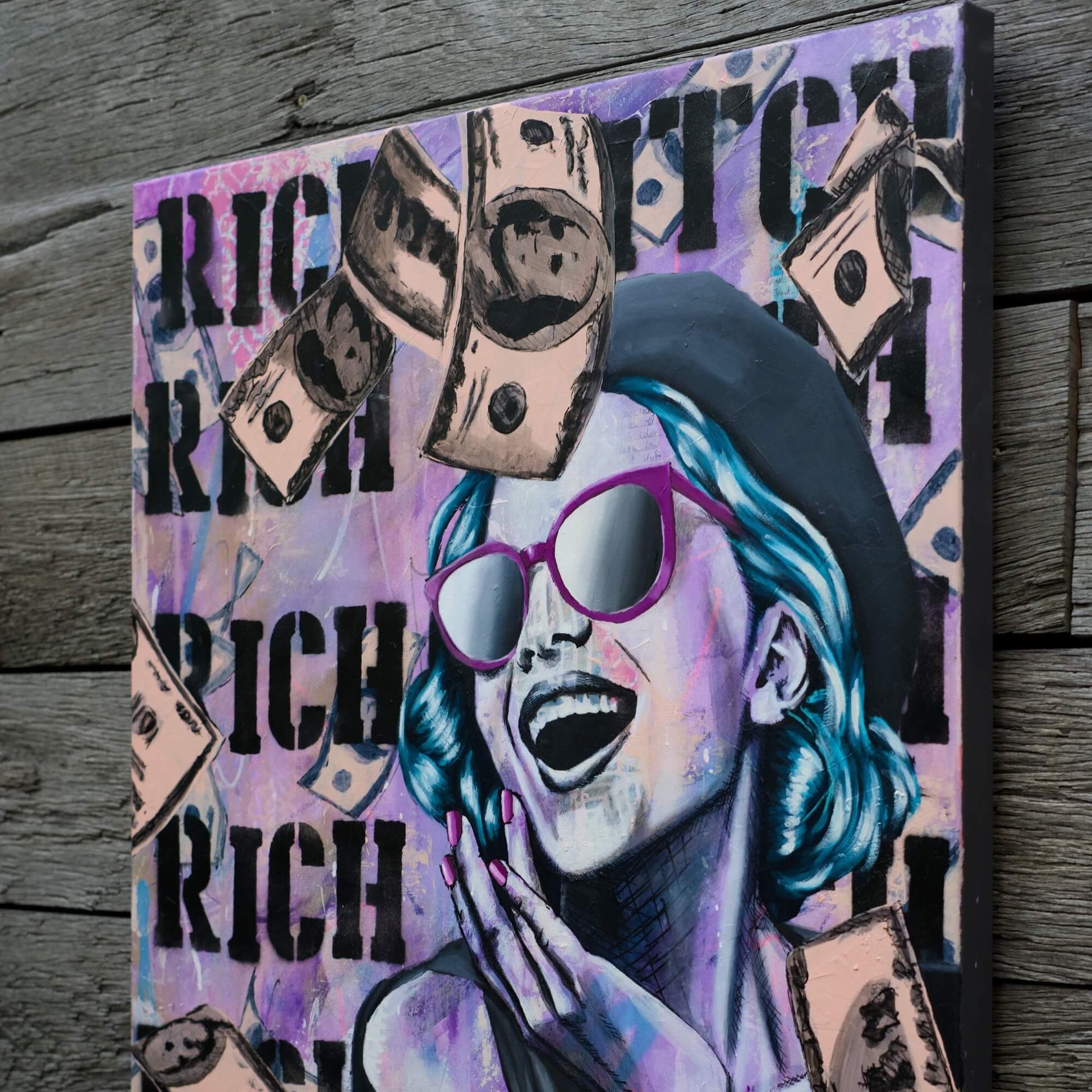 A painting featuring a woman with sunglasses surrounded by money raining down. Criss Chaney, Urban Pop Art,  Contemporary Mixed Media Graffiti Style Fusion, Neo-Feminist Street Art
