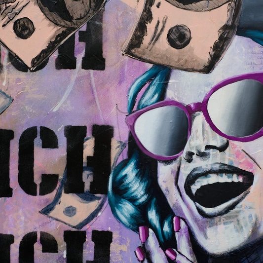 Criss Chaney, Financial Feminist, Urban Pop Art,  Purple Contemporary Mixed Media Graffiti Style Fusion, Neo-Feminist Street Art