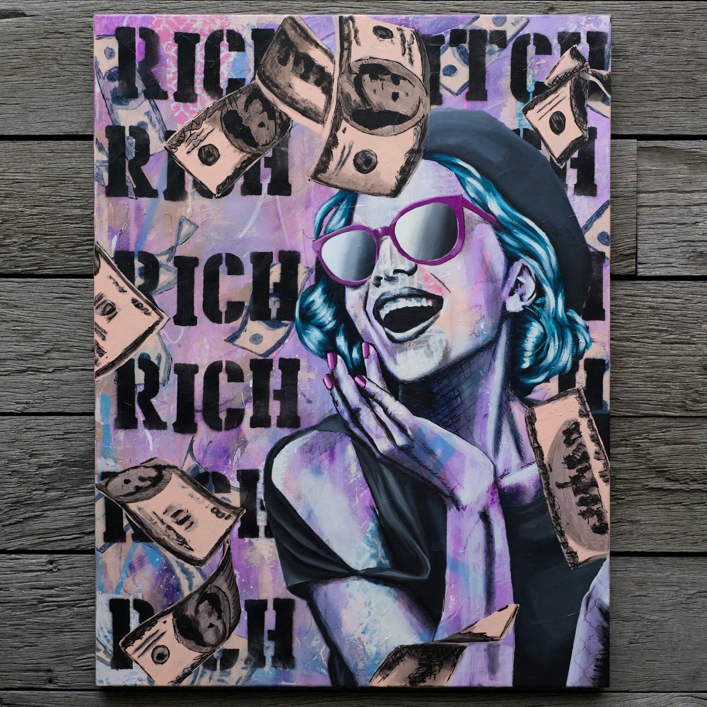 Criss Chaney, Financial Feminist, Urban Pop Art,  Purple Contemporary Mixed Media Graffiti Style Fusion, Neo-Feminist Street Art