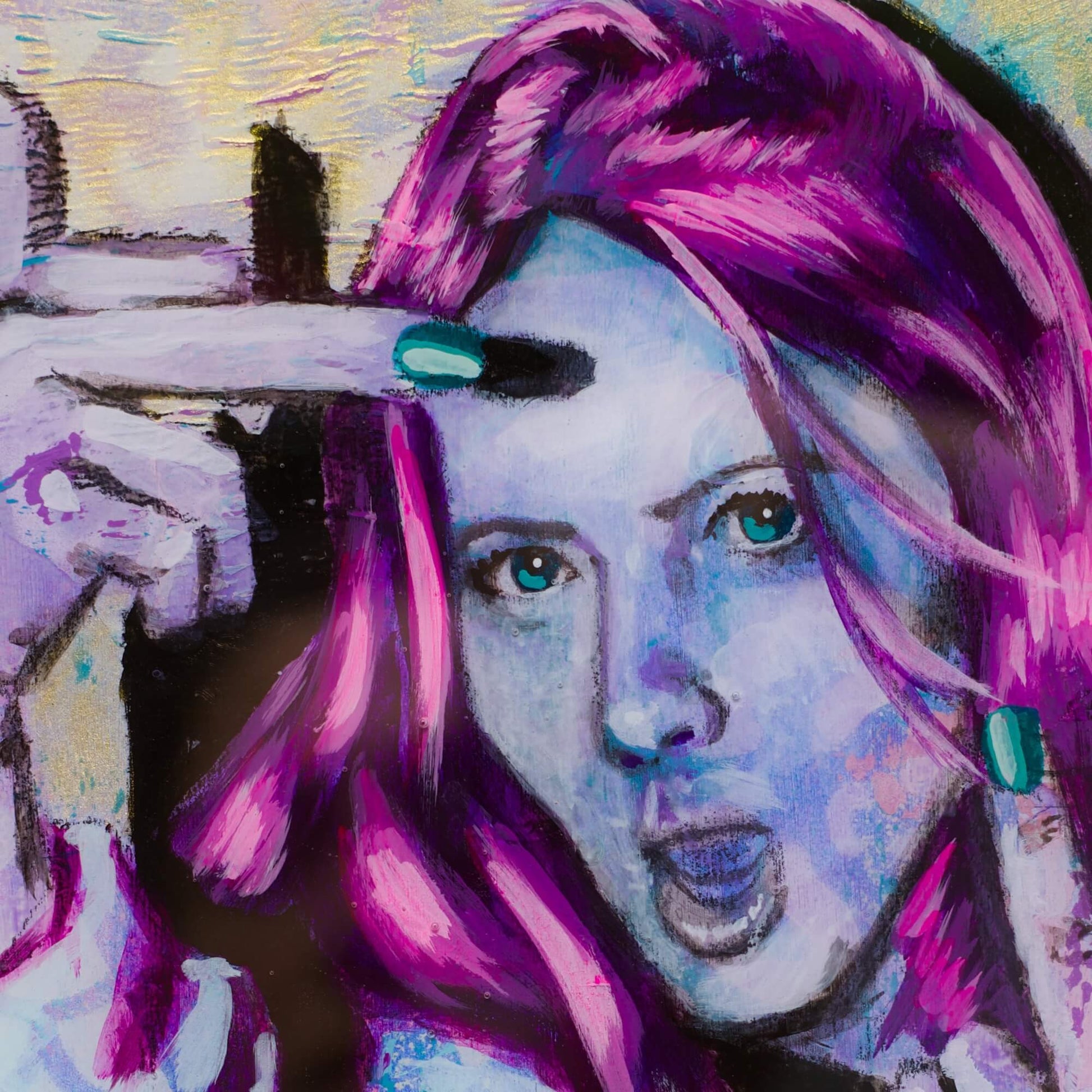 Artwork for Sale – Mini Street Art Style Painting – Hot Pink & Gold – Mixed Media Art – 'Raspberry Pie' – Art Wall Painting Criss Chaney