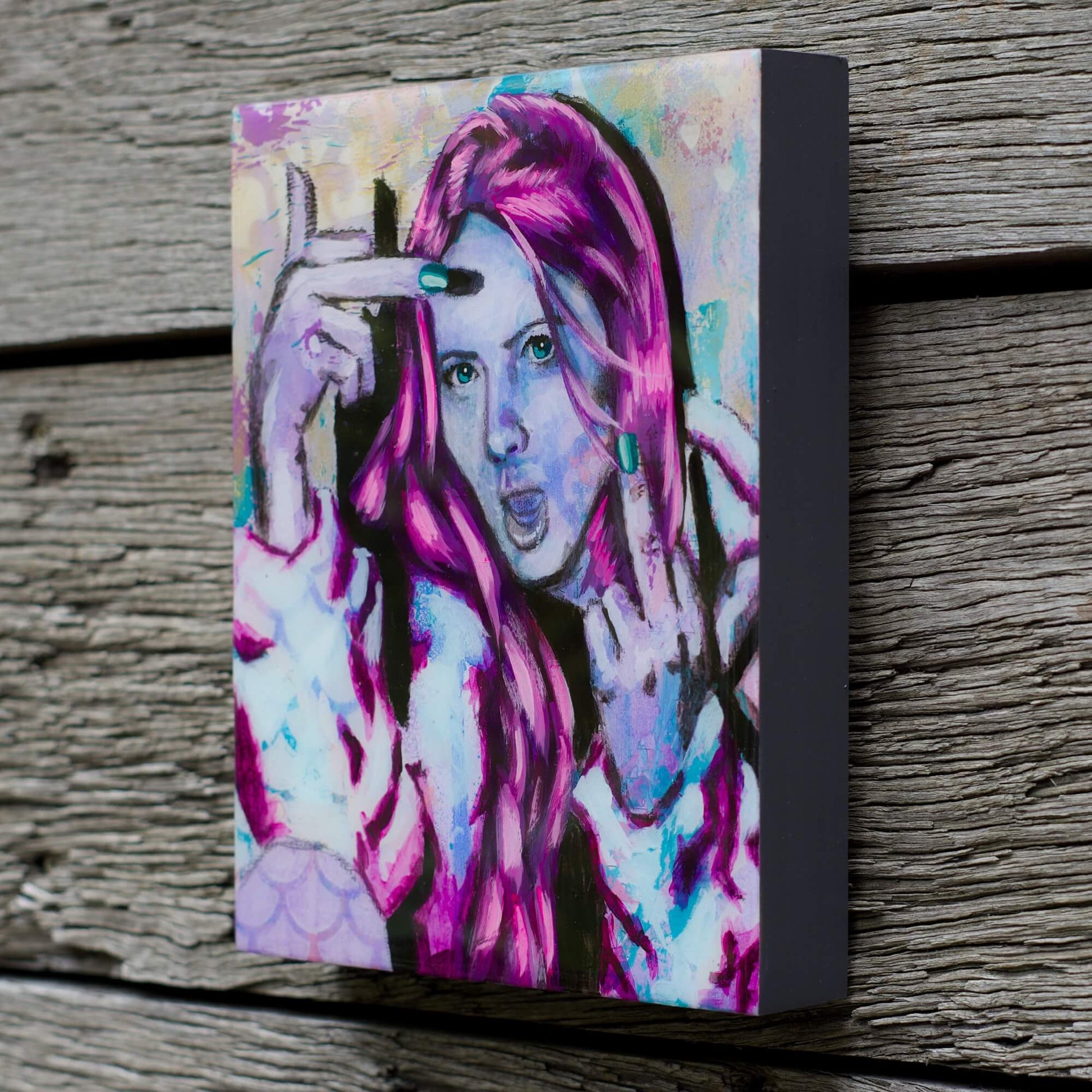 Artwork for Sale – Mini Street Art Style Painting – Hot Pink & Gold – Mixed Media Art – 'Raspberry Pie' – Art Wall Painting Criss Chaney