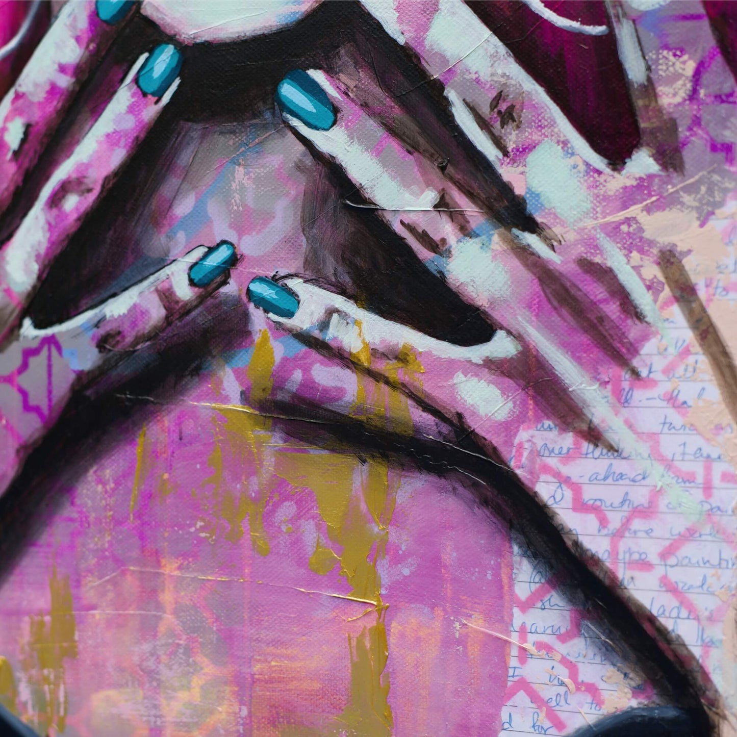 Artworks for Sale – Feminine Street Art of Women - Pink & Gold Painting - 'Shock & Awe' – Art Wall Painting by Criss Chaney