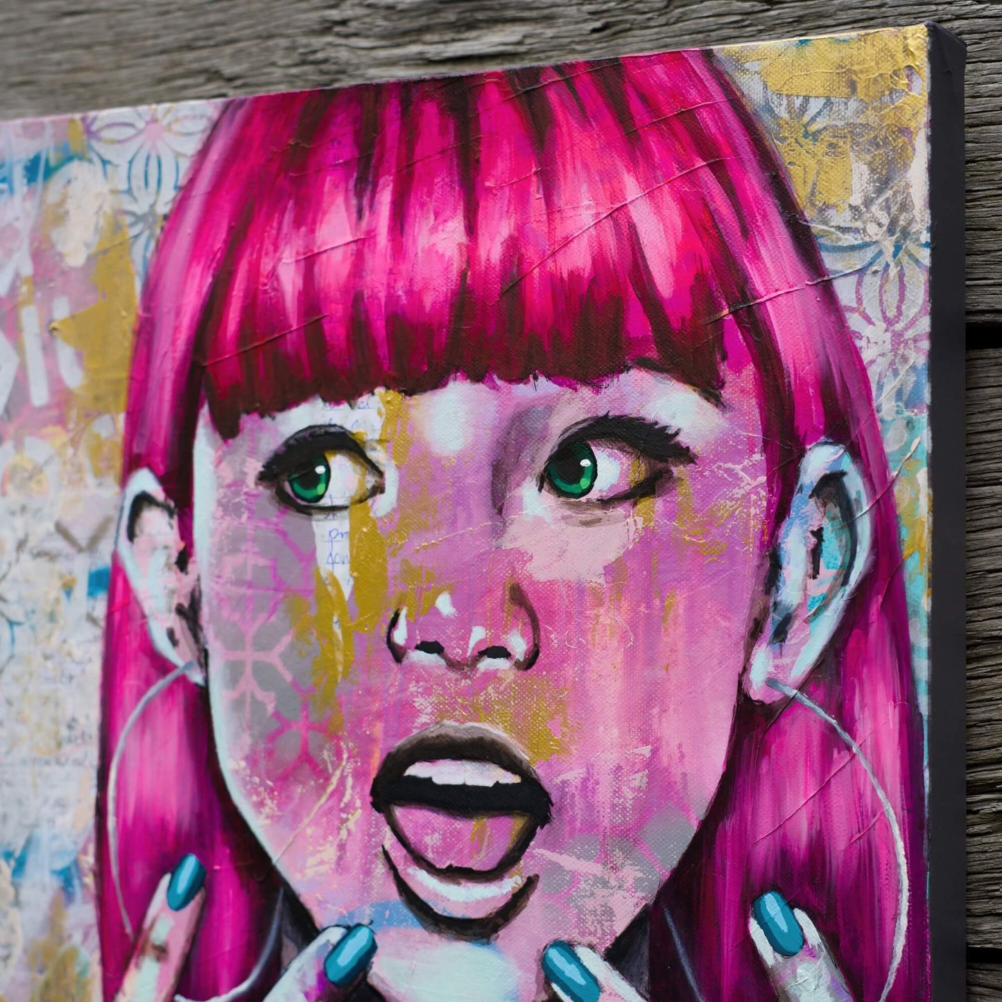 Artworks for Sale – Feminine Street Art of Women - Pink & Gold Painting - 'Shock & Awe' – Art Wall Painting by Criss Chaney