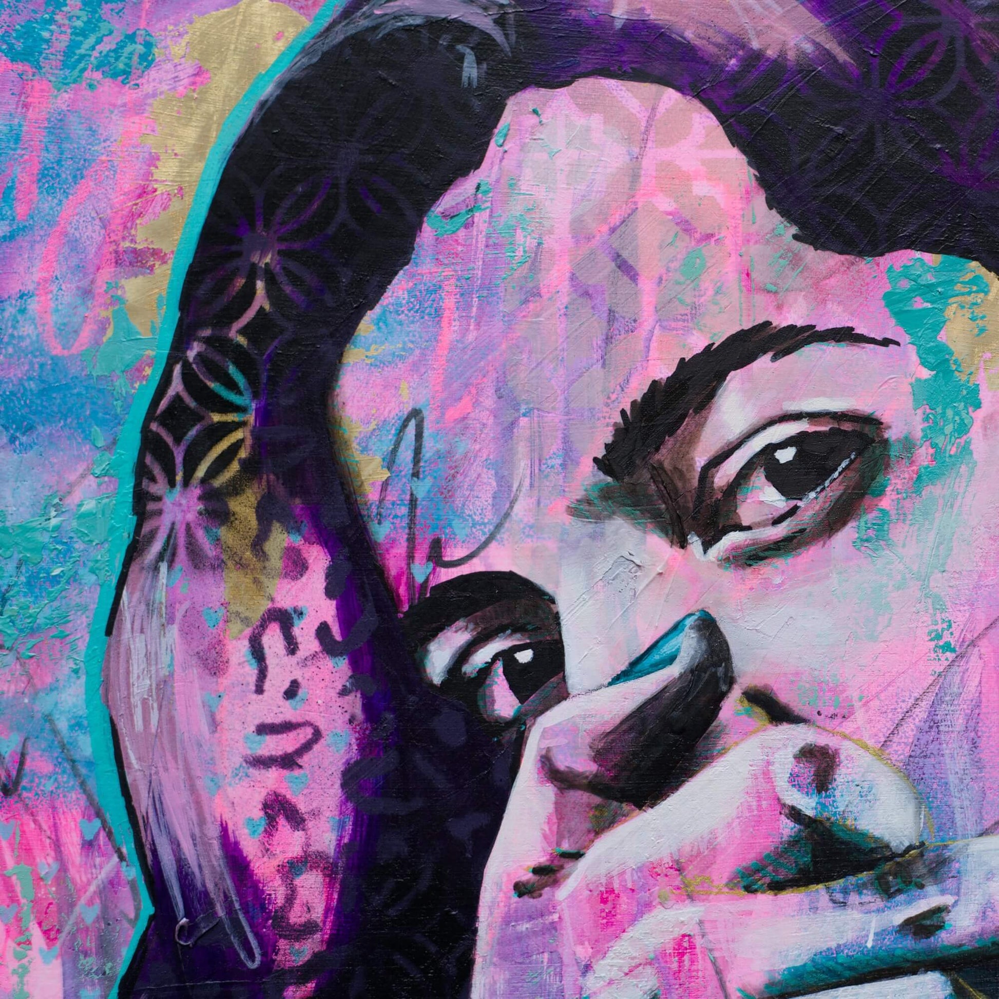 Artworks for Sale – Street Art Painting of Woman - Purple, Hot Pink & Teal – 'Take a Break' – Art Wall Painting Criss Chaney