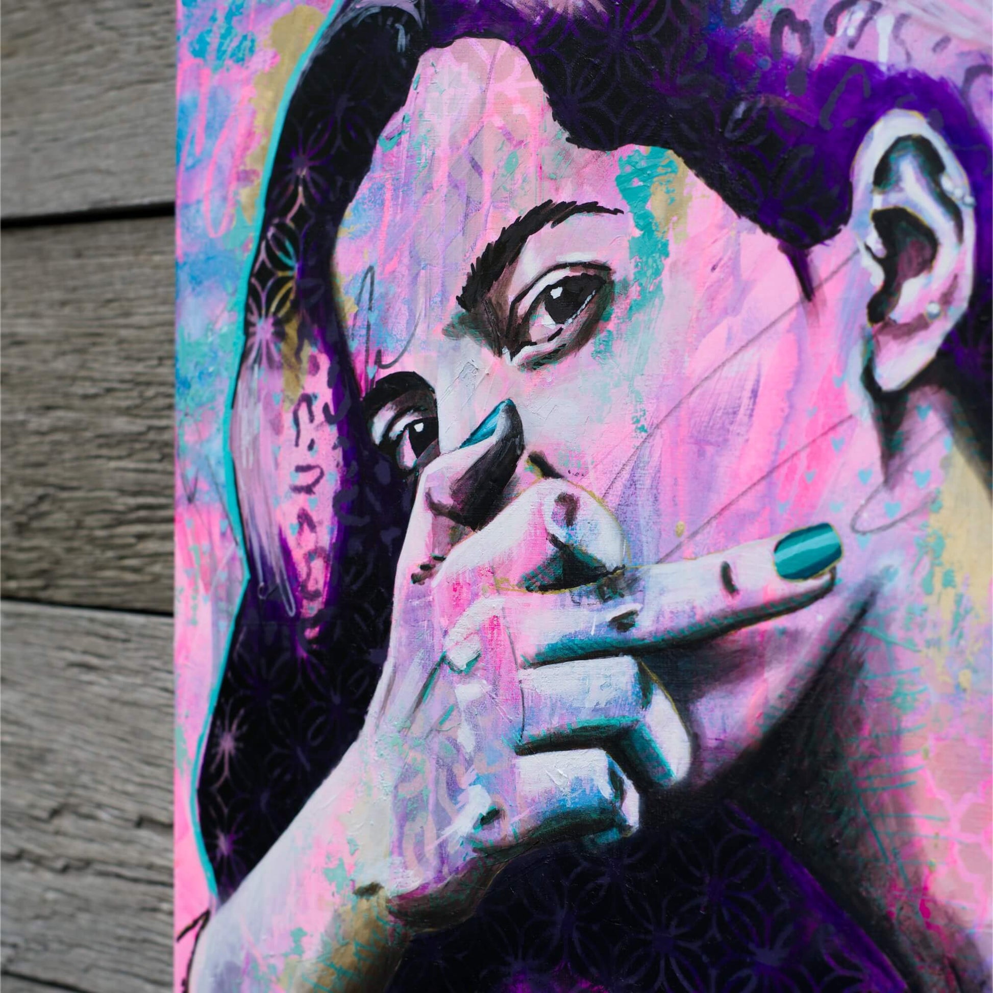 Artworks for Sale – Street Art Painting of Woman - Purple, Hot Pink & Teal – 'Take a Break' – Art Wall Painting Criss Chaney