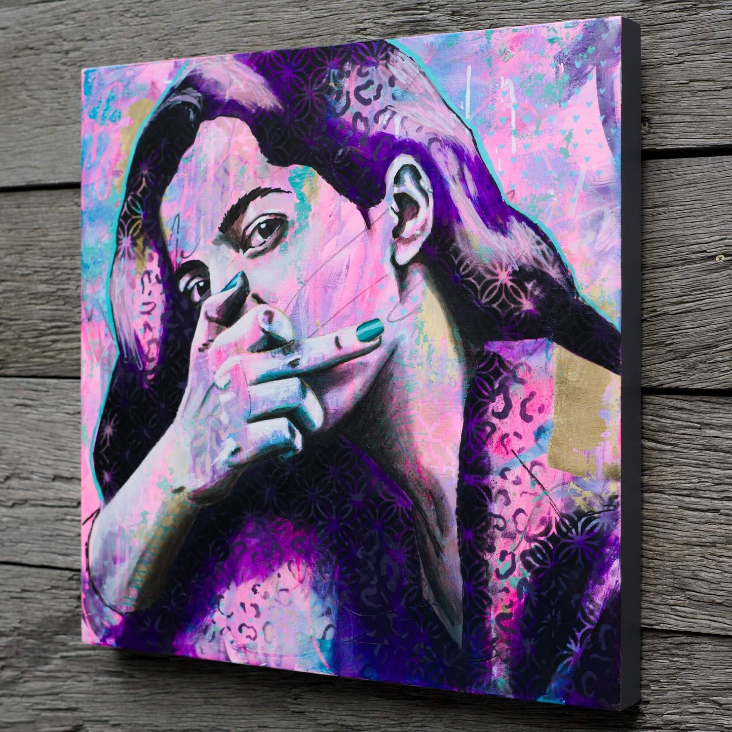 Artworks for Sale – Street Art Painting of Woman - Purple, Hot Pink & Teal – 'Take a Break' – Art Wall Painting Criss Chaney