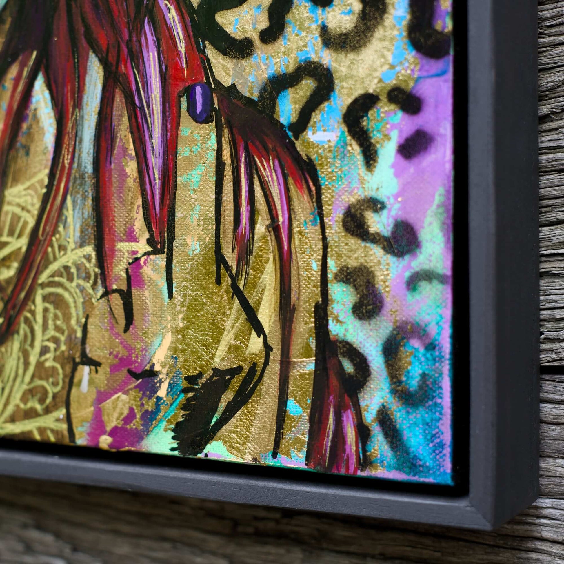 Criss Chaney, Urban Pop Art,  Contemporary Mixed Media Graffiti Style Fusion, Neo-Feminist Street Art, gold leopard print