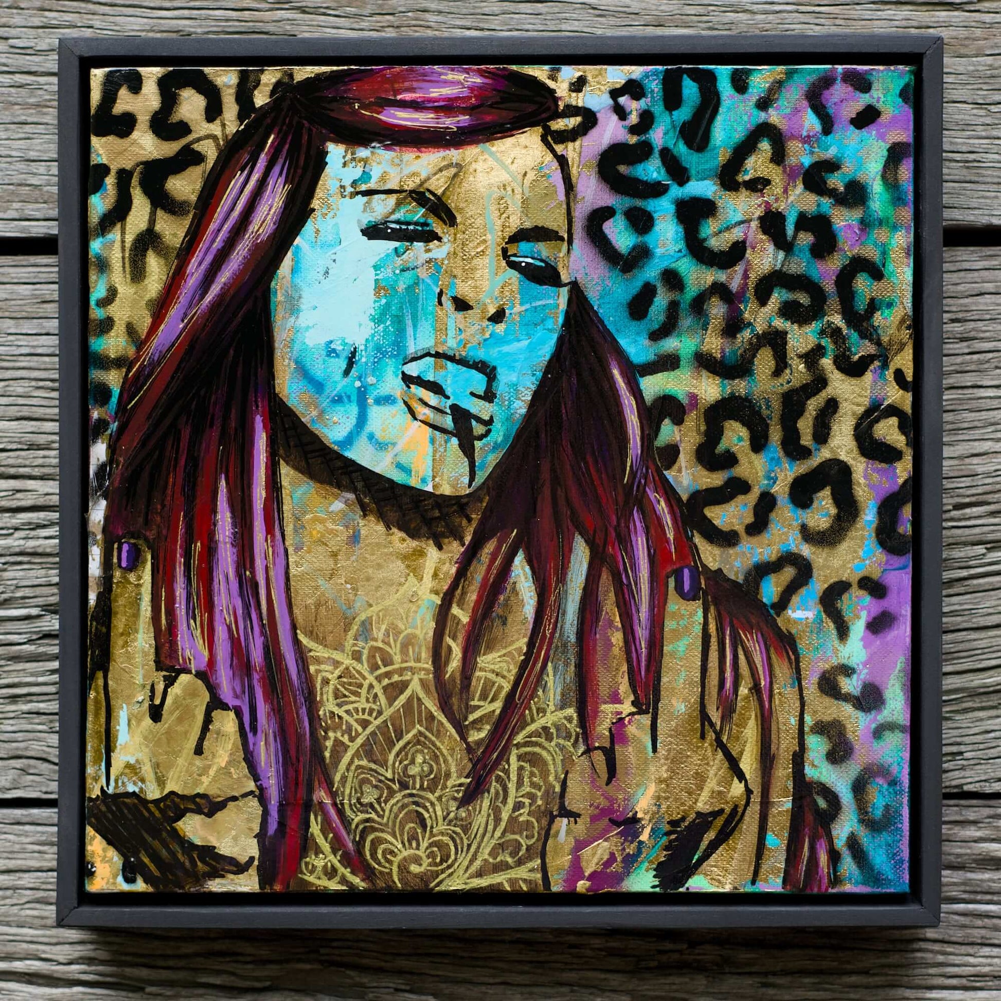 Criss Chaney, Urban Pop Art,  Contemporary Mixed Media Graffiti Style Fusion, Neo-Feminist Street Art, gold leopard print