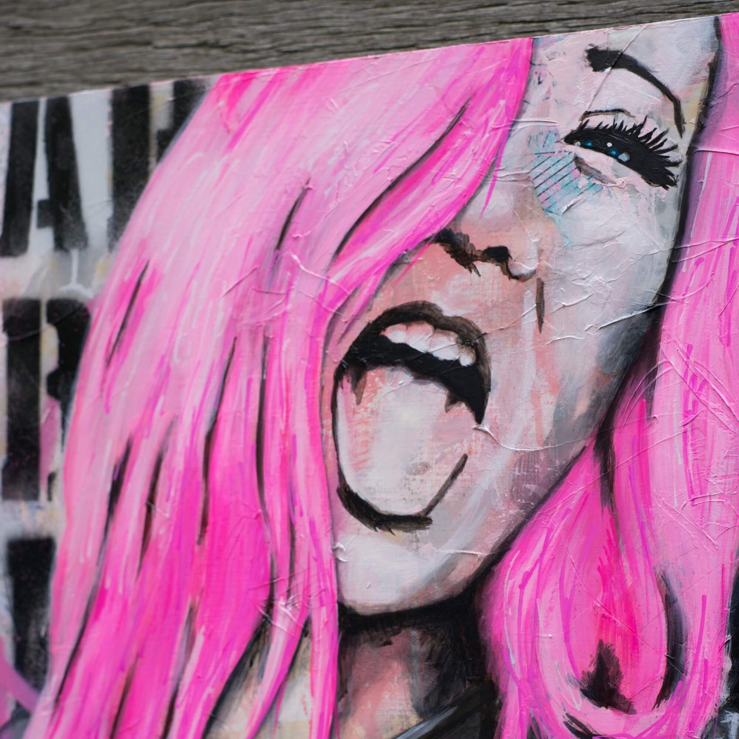 Artworks for Sale – Street Art Style Painting of a Woman – Hot Pink & Black Art – 'White Noise' – Art Wall Painting Criss Chaney