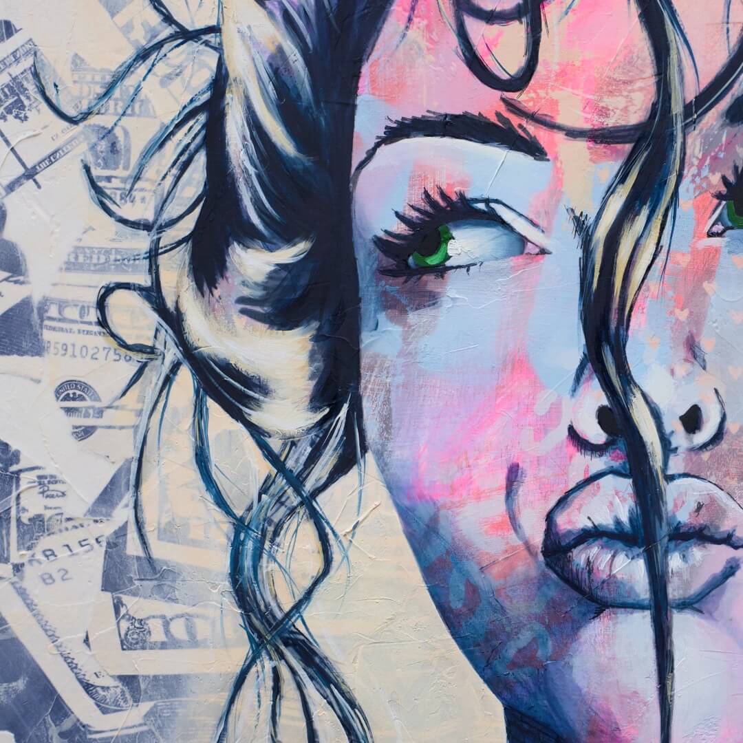 Criss Chaney, Blue and white Urban Pop Art,  Contemporary Mixed Media Graffiti Style Fusion, Neo-Feminist Street Art