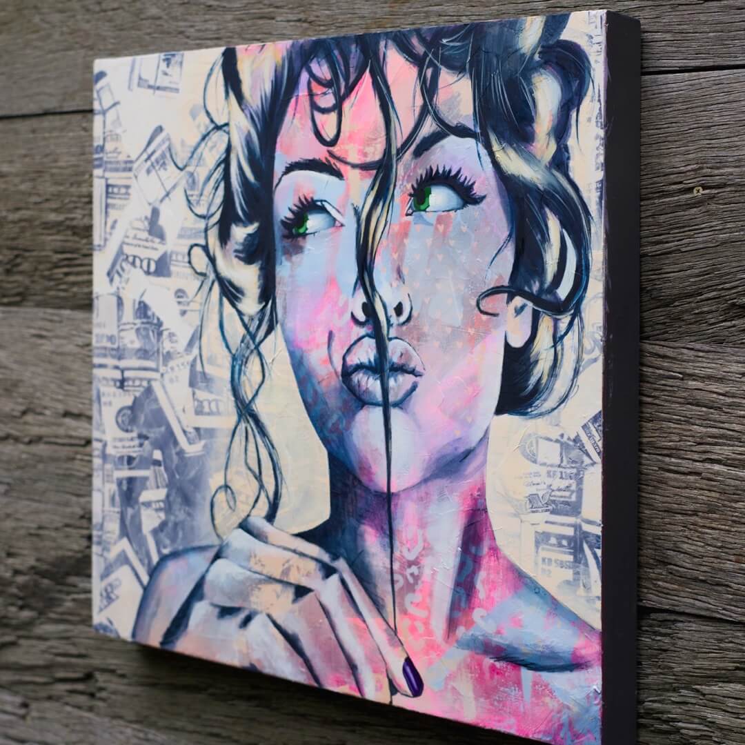 Criss Chaney, Blue and white Urban Pop Art,  Contemporary Mixed Media Graffiti Style Fusion, Neo-Feminist Street Art