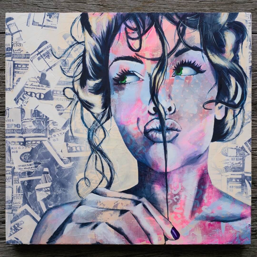 Criss Chaney, Blue and white Urban Pop Art,  Contemporary Mixed Media Graffiti Style Fusion, Neo-Feminist Street Art