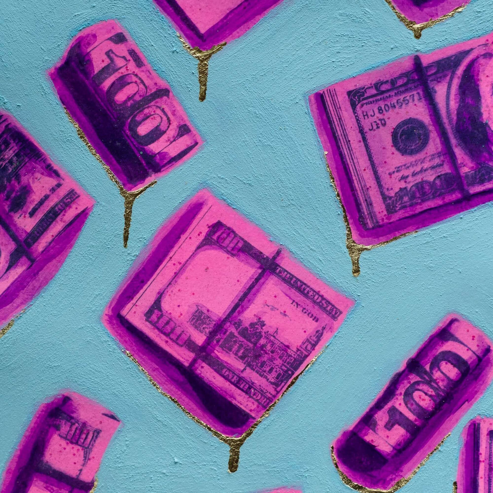 A framed painting featuring hot pink and purple dollar bills on a blue background