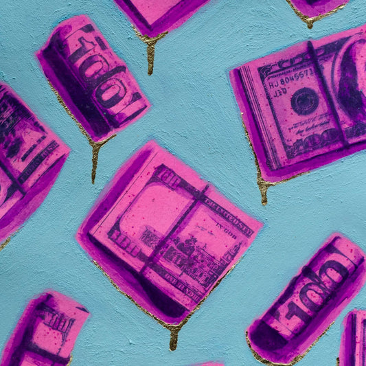 A framed painting featuring hot pink and purple dollar bills on a blue background