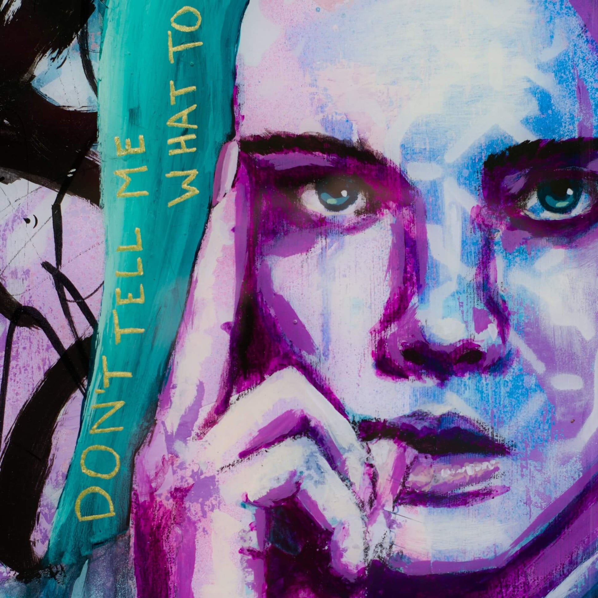 Artwork for Sale – Mini Street Art Style Painting – Teal Purple & Gold – Mixed Media Art – 'Don't Tell Me' – Art Wall Painting Criss Chaney