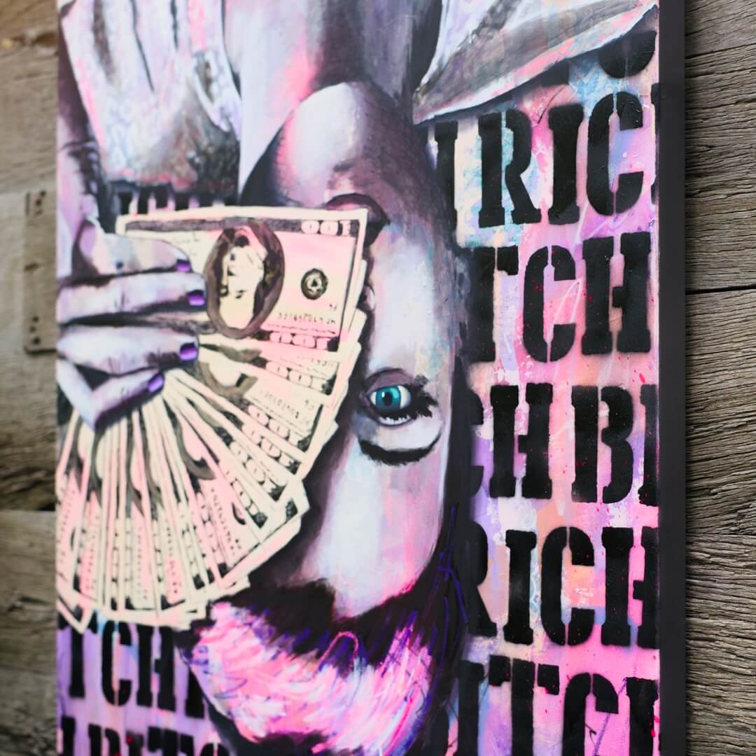 Criss Chaney, purple pink Urban Pop Art, Contemporary Mixed Media Graffiti Style Fusion, Neo-Feminist Street Art
