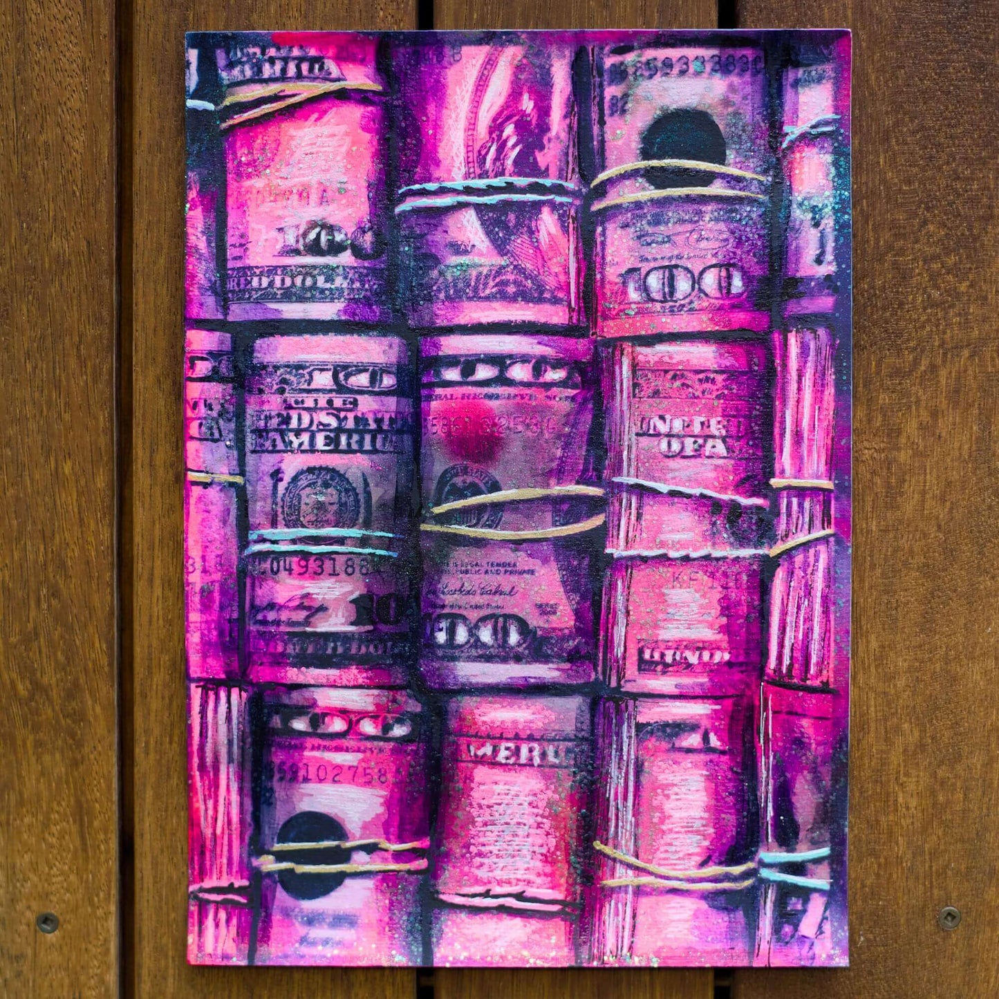 Criss Chaney, Hot Pink Urban Pop Art,  Contemporary Mixed Media Graffiti Style Fusion, Financial-Feminist Stencil Art