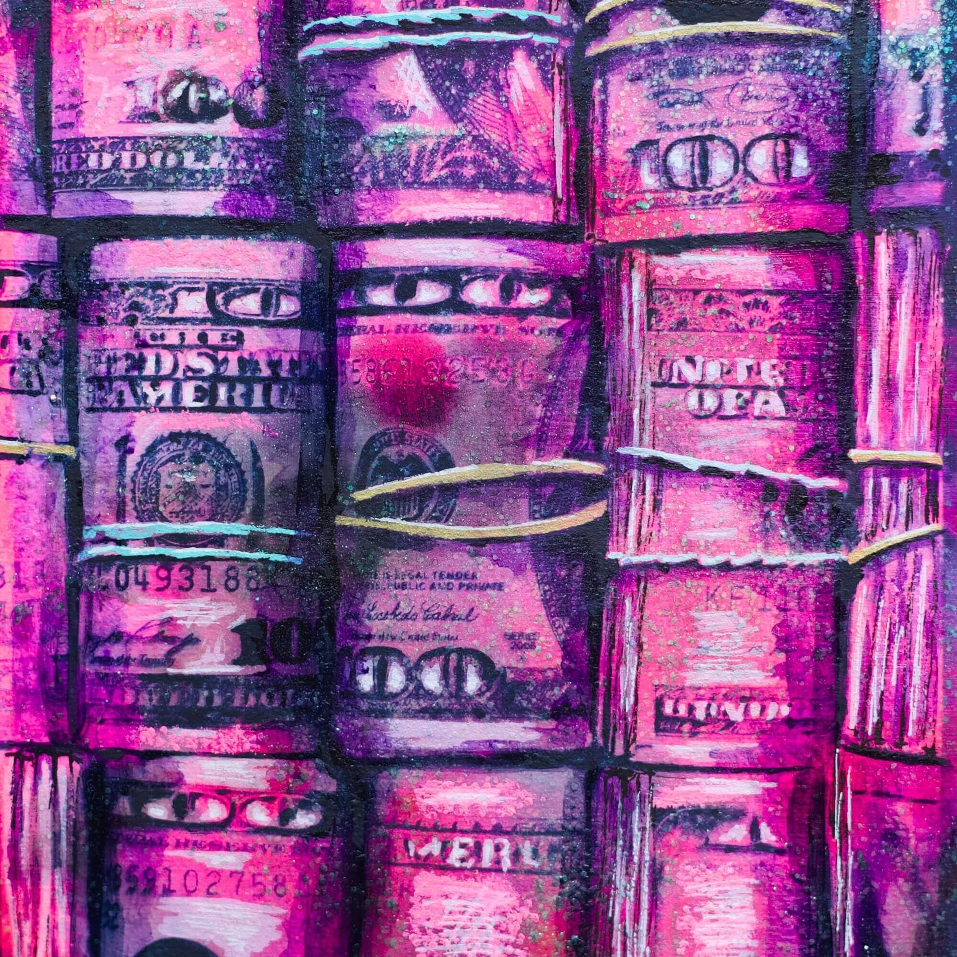 Criss Chaney, Flourescent pink Urban Pop Art,  Contemporary Mixed Media Graffiti Style Fusion, Financial-Feminist Stencil Art