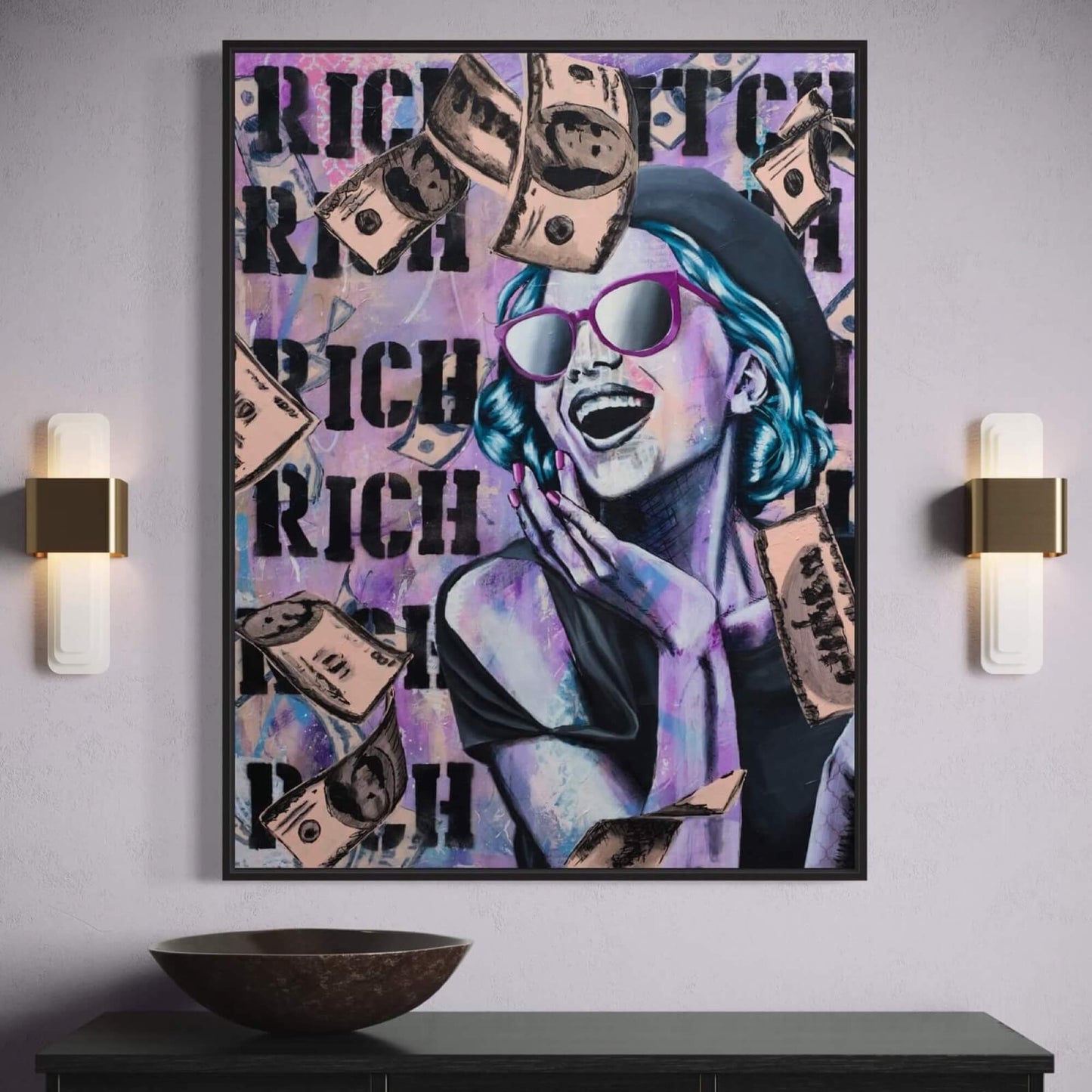 Criss Chaney A painting featuring a woman with sunglasses surrounded by money raining down