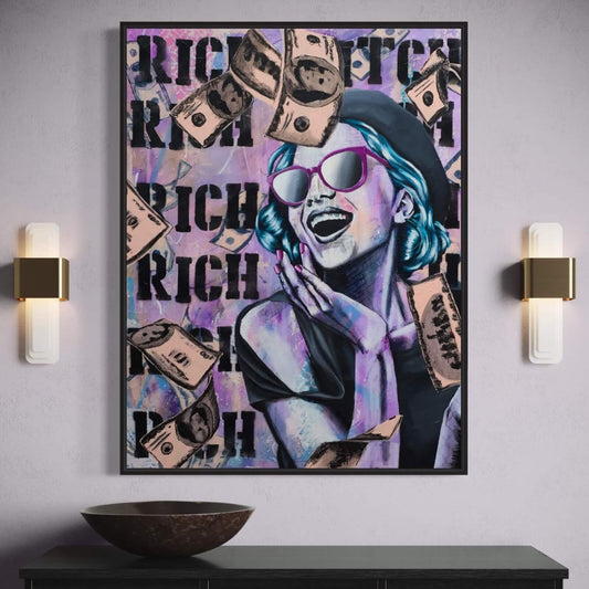 Criss Chaney A painting featuring a woman with sunglasses surrounded by money raining down