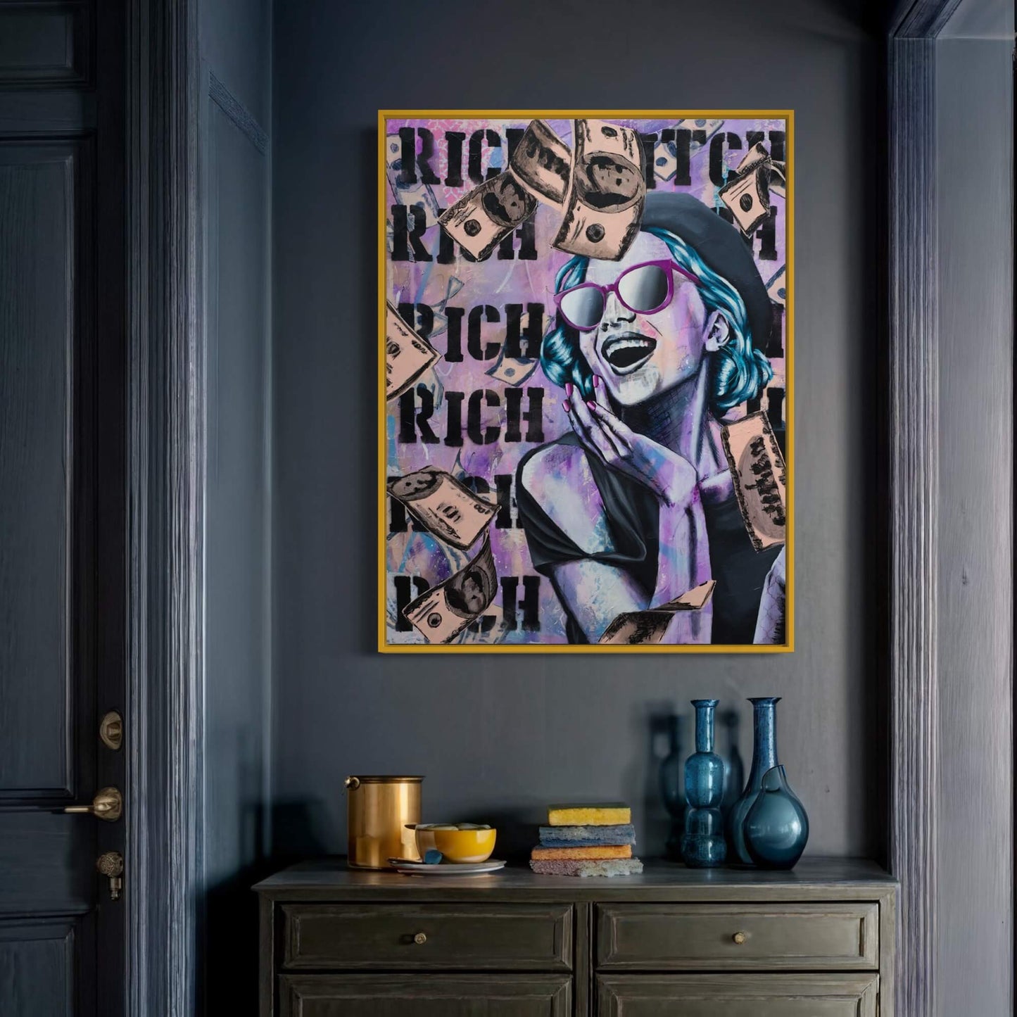 A painting featuring a woman with sunglasses surrounded by money raining down. Criss Chaney, Urban Pop Art,  Contemporary Mixed Media Graffiti Style Fusion, Neo-Feminist Street Art