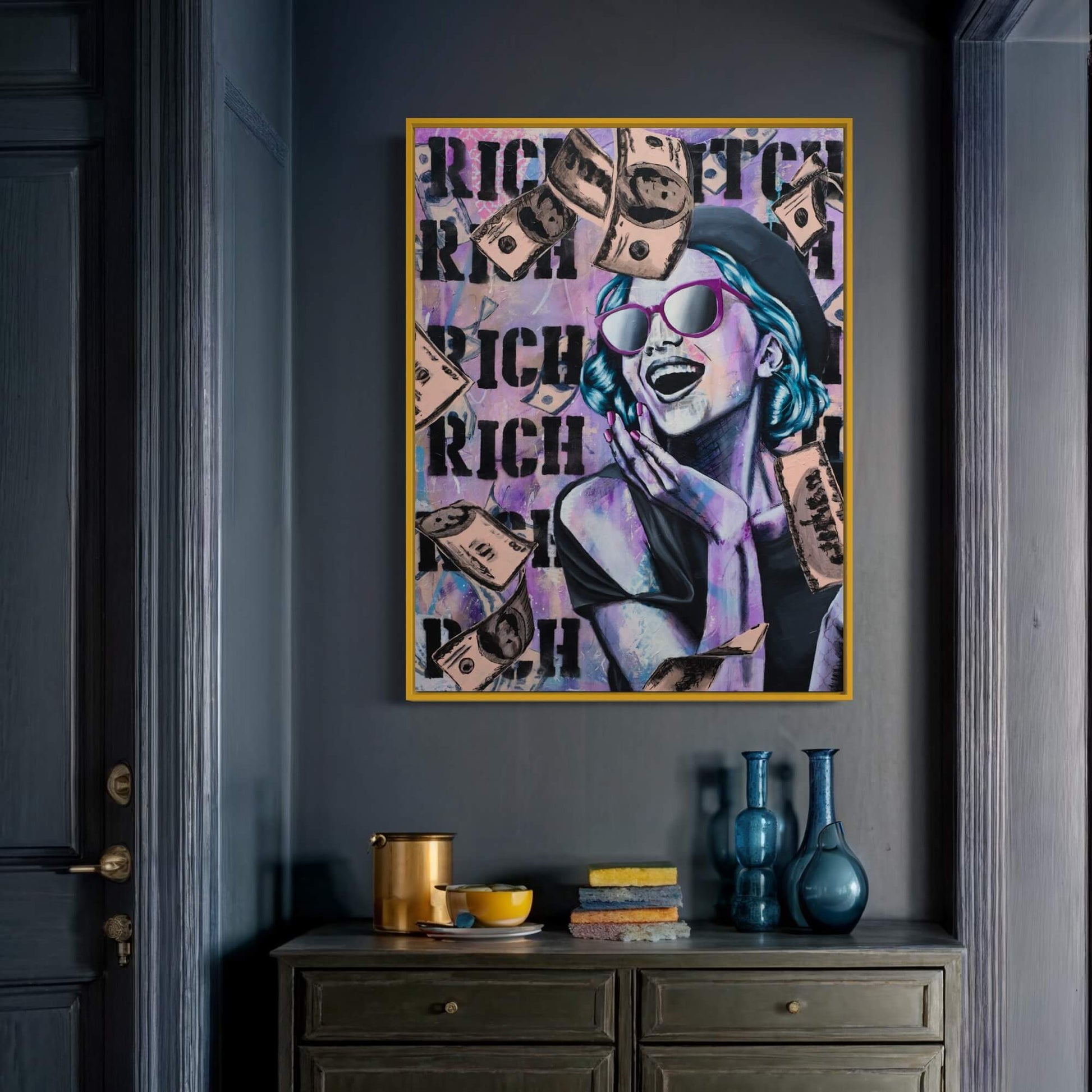 A painting featuring a woman with sunglasses surrounded by money raining down. Criss Chaney, Urban Pop Art,  Contemporary Mixed Media Graffiti Style Fusion, Neo-Feminist Street Art
