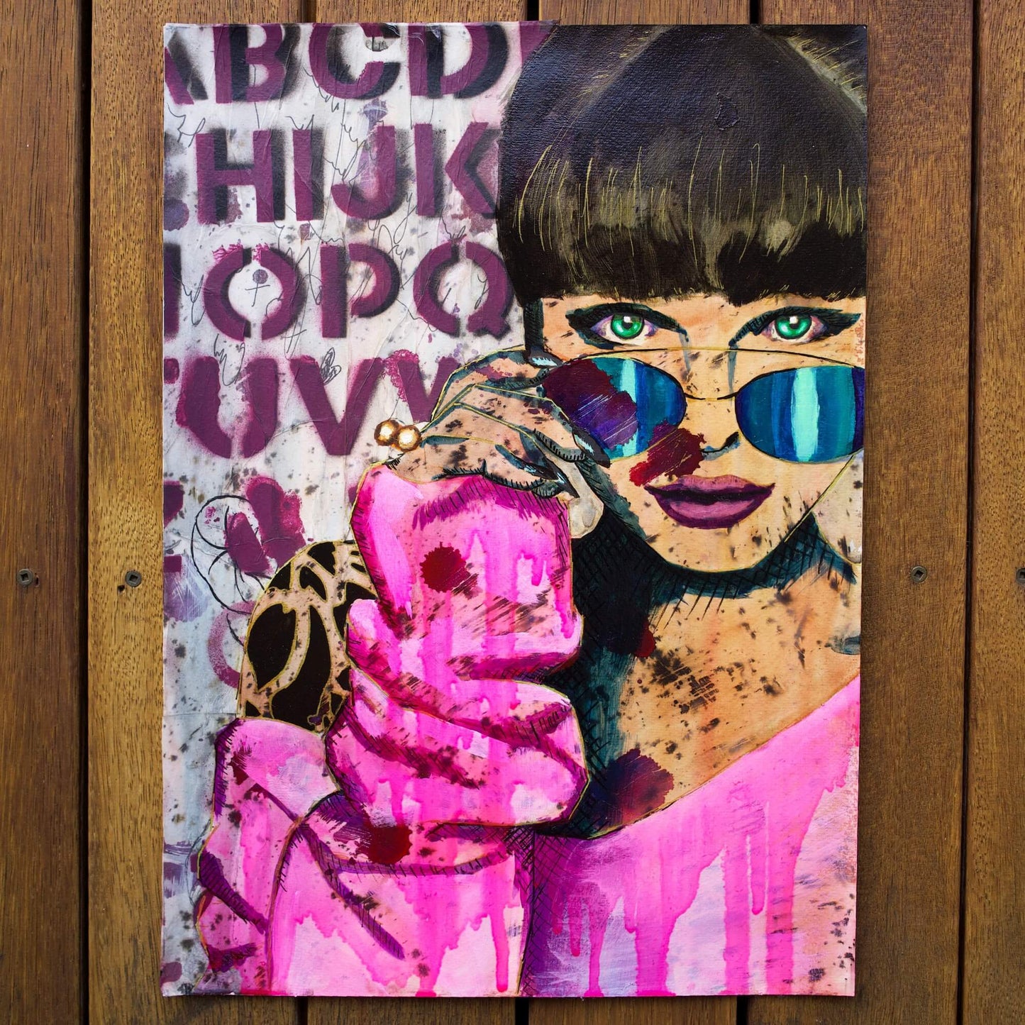 Colourful art, colourful paintings maximalist decor, woman wearing hot pink sweater and sunglasses wall art print