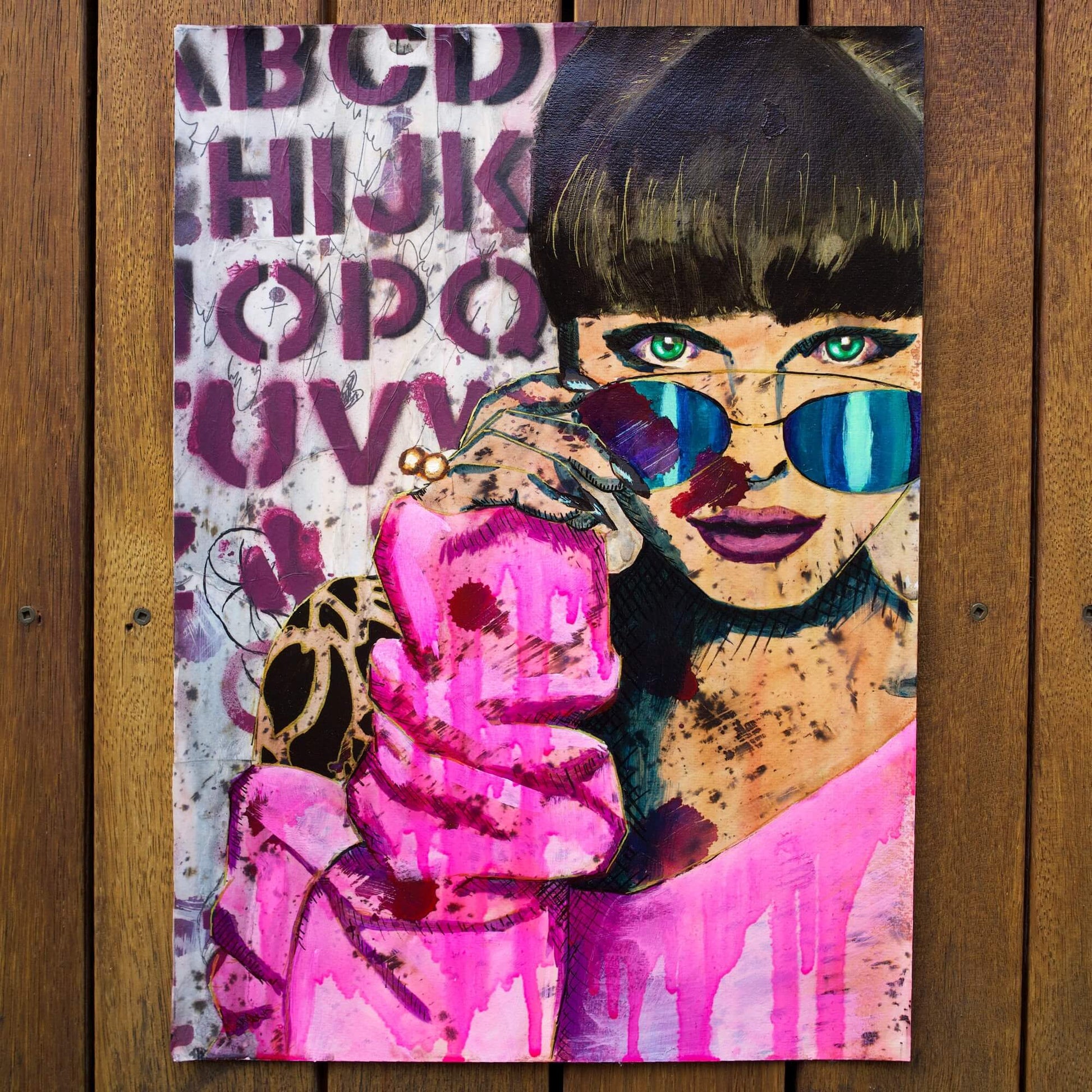 Colourful art, colourful paintings maximalist decor, woman wearing hot pink sweater and sunglasses wall art print