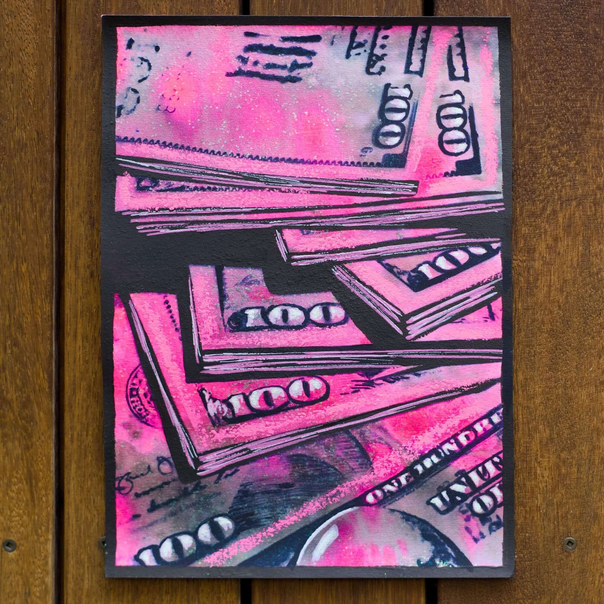 Criss Chaney, Hot Pink Urban Pop Art,  Contemporary Mixed Media Graffiti Style Fusion, Financial-Feminist Stencil Art