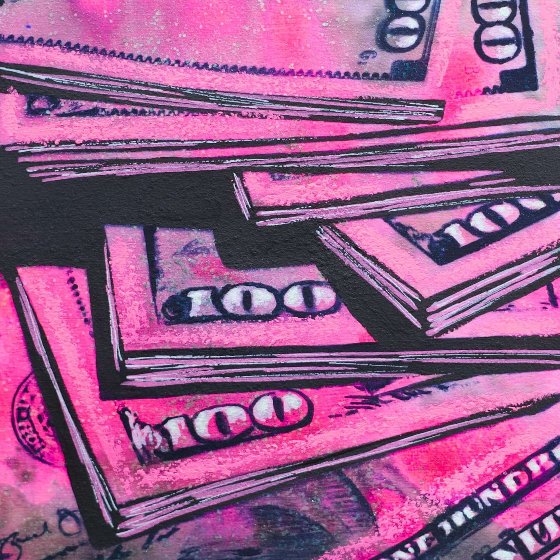 Criss Chaney, Hot Pink Urban Pop Art,  Contemporary Mixed Media Graffiti Style Fusion, Financial-Feminist Stencil Art