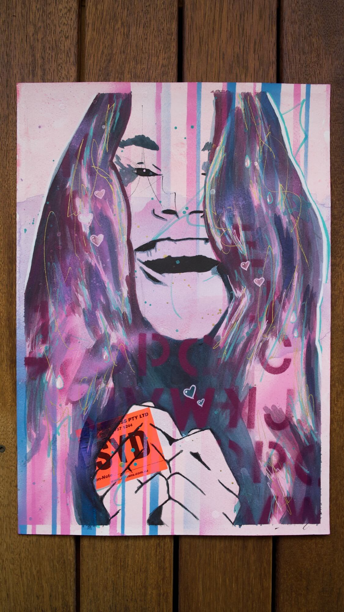 painting of a smiling woman in pinks and purples