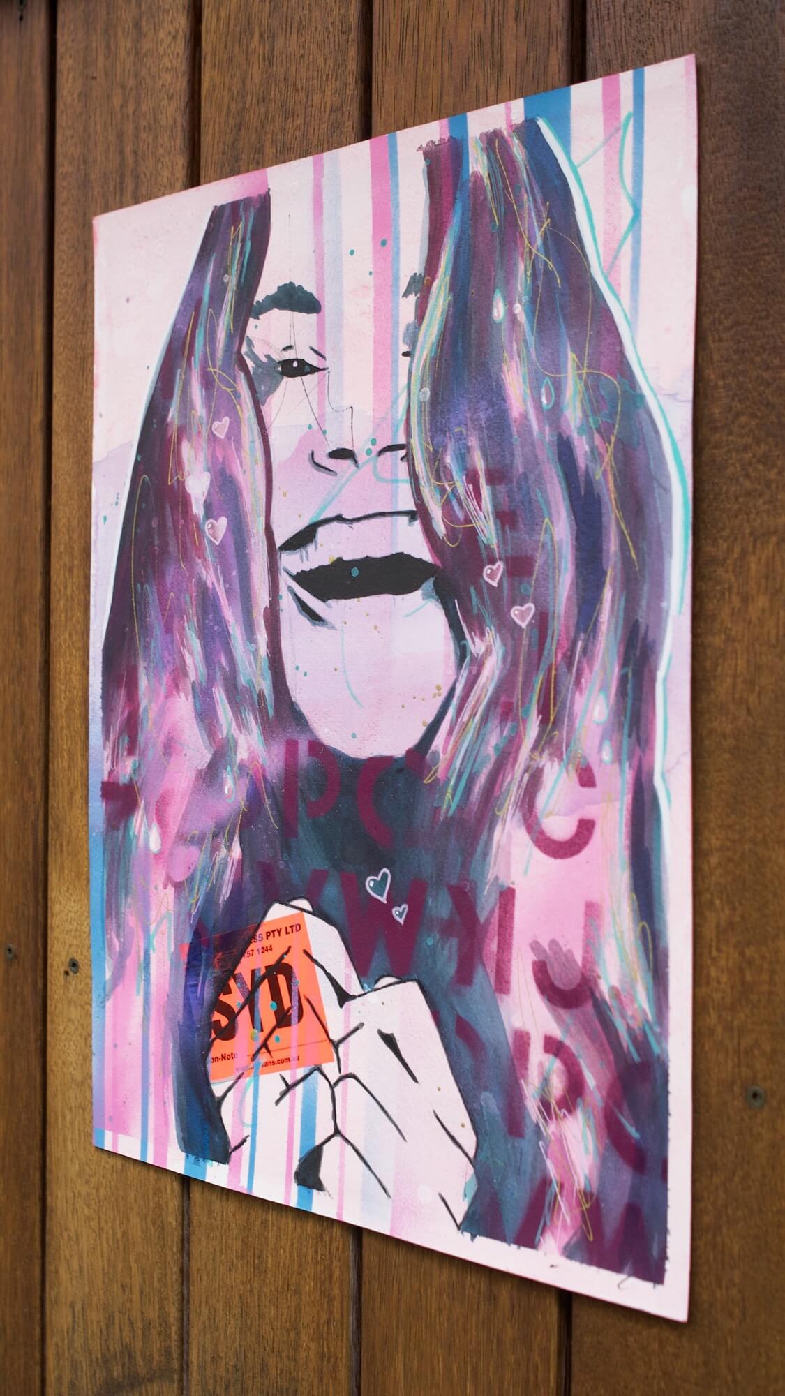 painting of a smiling woman in pinks and purples